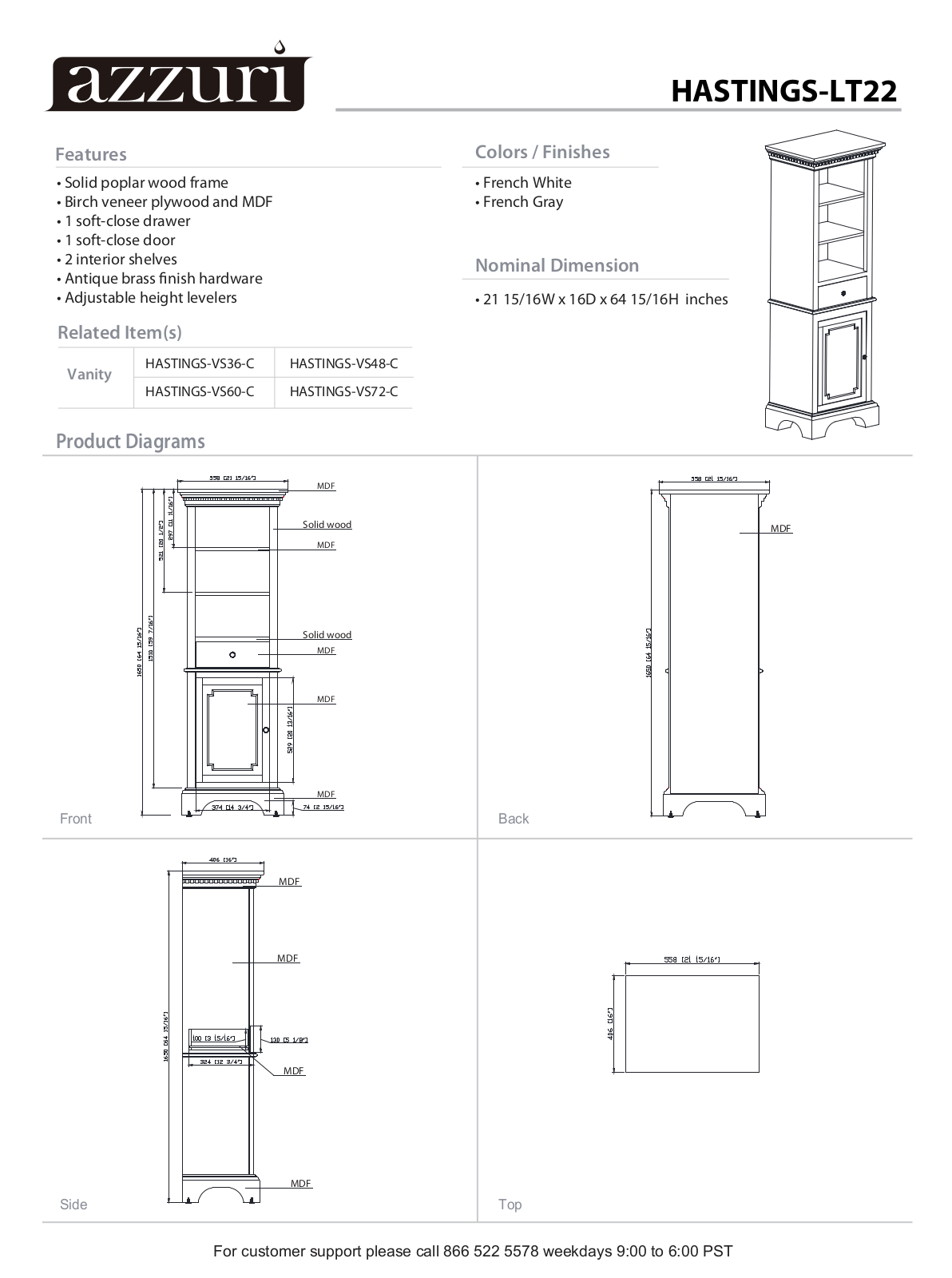 Azzuri HASTINGSLT22FW, HASTINGSLT22FG Specifications