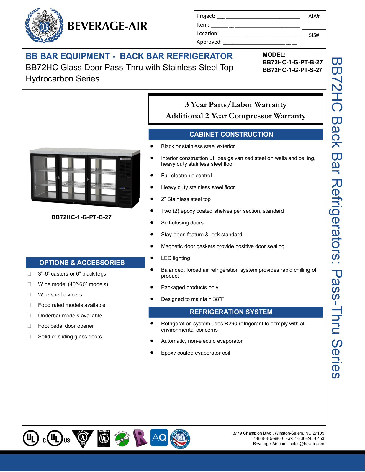 Beverage-Air BB72HC1GPTS27 Specifications