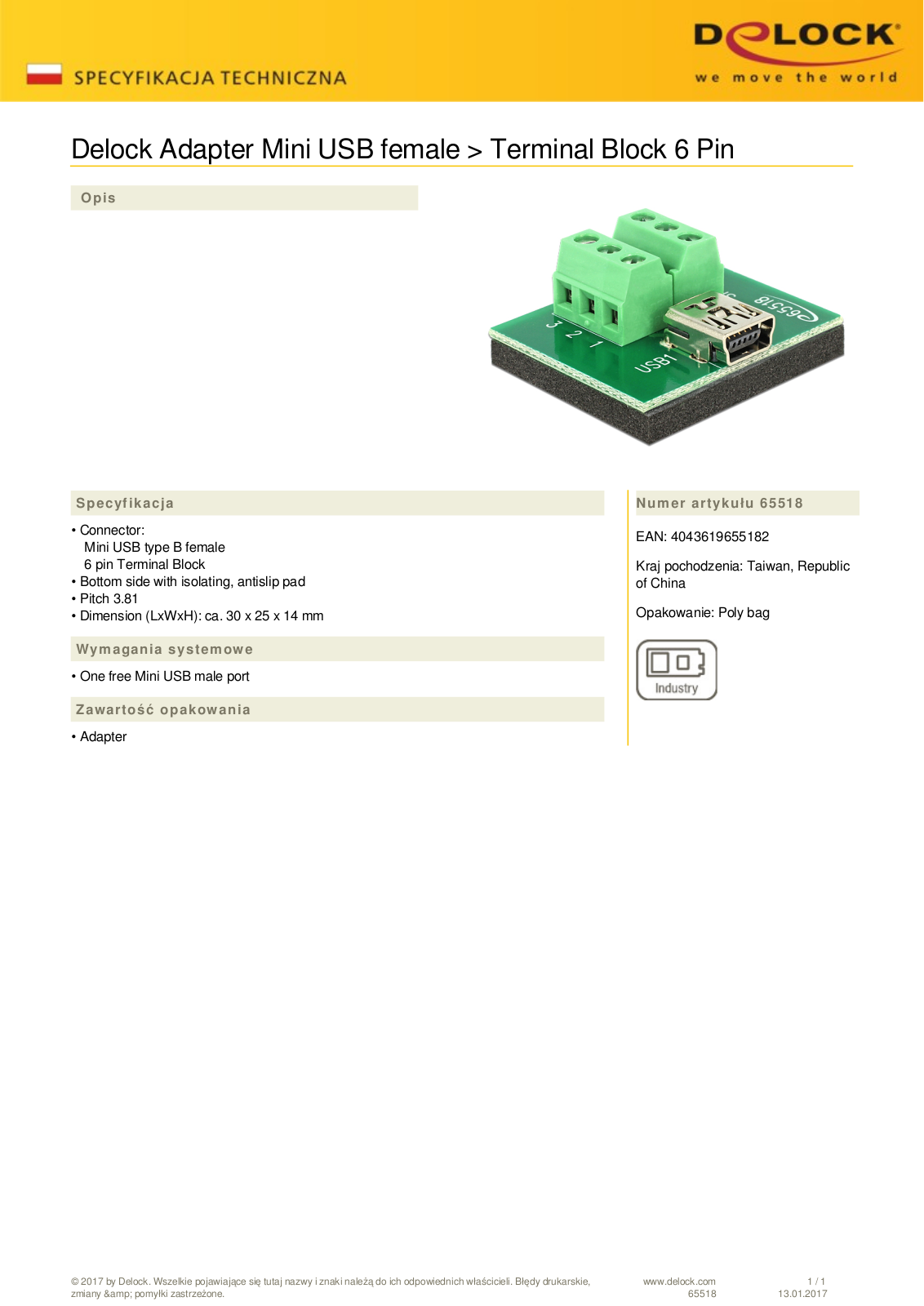 DeLOCK mini-USB [socket] on 6-Pin-Terminalblock adapter User Manual