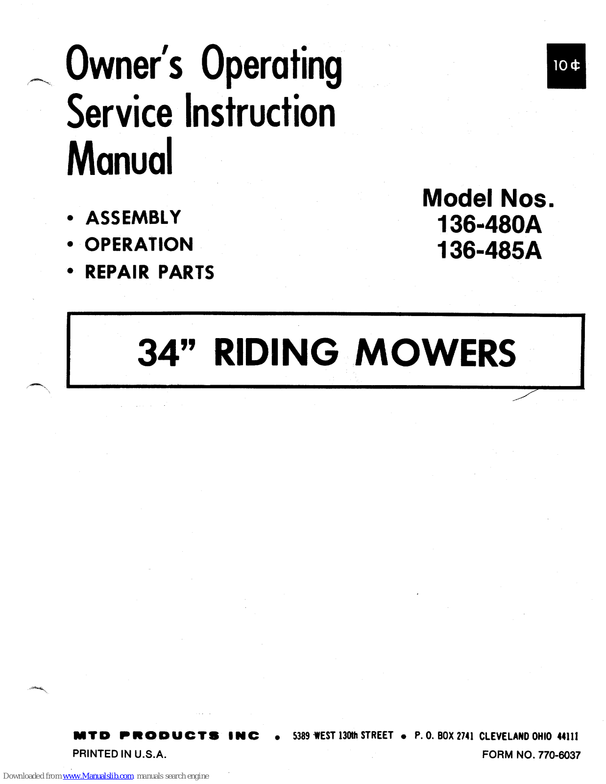 MTD 136-480A, 136-485A Owner's Operating Service Instruction Manual