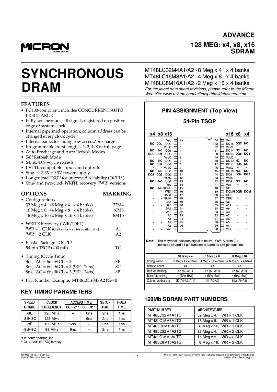 MICRON MT48LC8M16A1TG-8E, MT48LC8M16A1TG-8B, MT48LC8M16A2TG-8C, MT48LC32M4A1TG-8E, MT48LC32M4A1TG-8B Datasheet