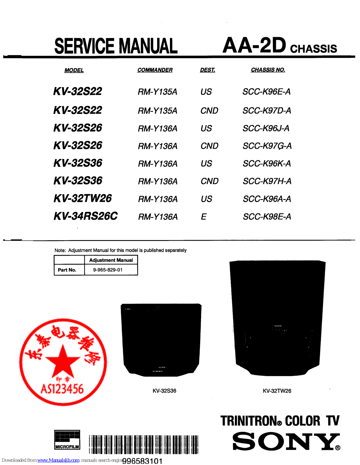 Sony Trinitron KV-32S22, Trinitron KV-32S26, Trinitron KV-32TW26, Trinitron KV-34RS26C, Trinitron KV-32S36 Service Manual