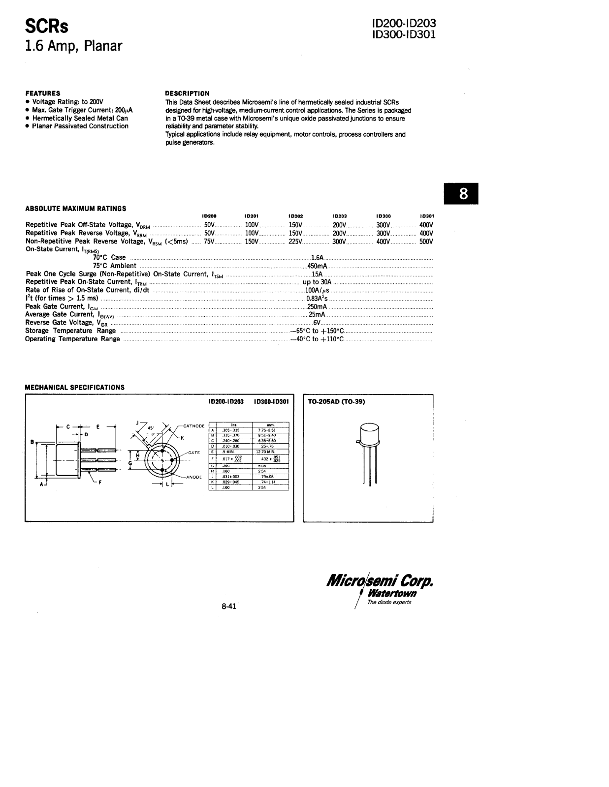 Microsemi Corporation ID203, ID300, ID301, ID200, ID201 Datasheet