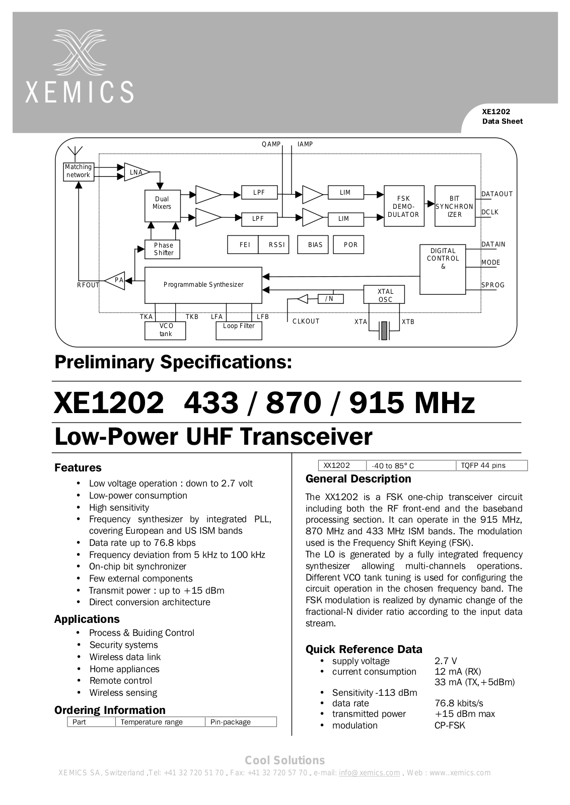 Xemics XE1202915, XE1202870, XE1202433 Datasheet