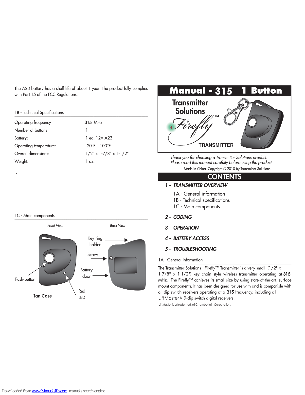 Transmitter Solutions Firefly 315 User Manual - ManualMachine.com