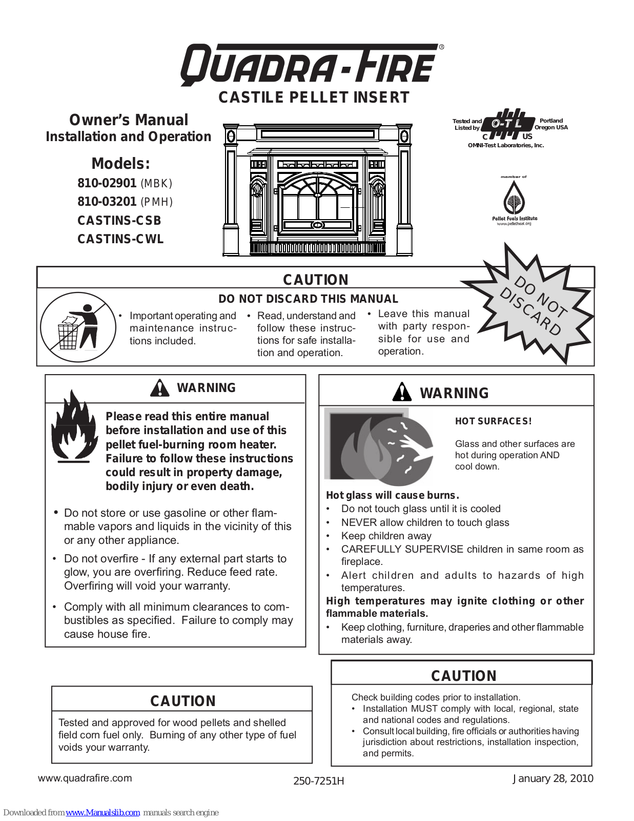 Quadra-Fire 810-02901 (MBK), CASTINS-CSB, 810-03201 (PMH), CASTINS-CWL Owner's Manual Installation And Operation