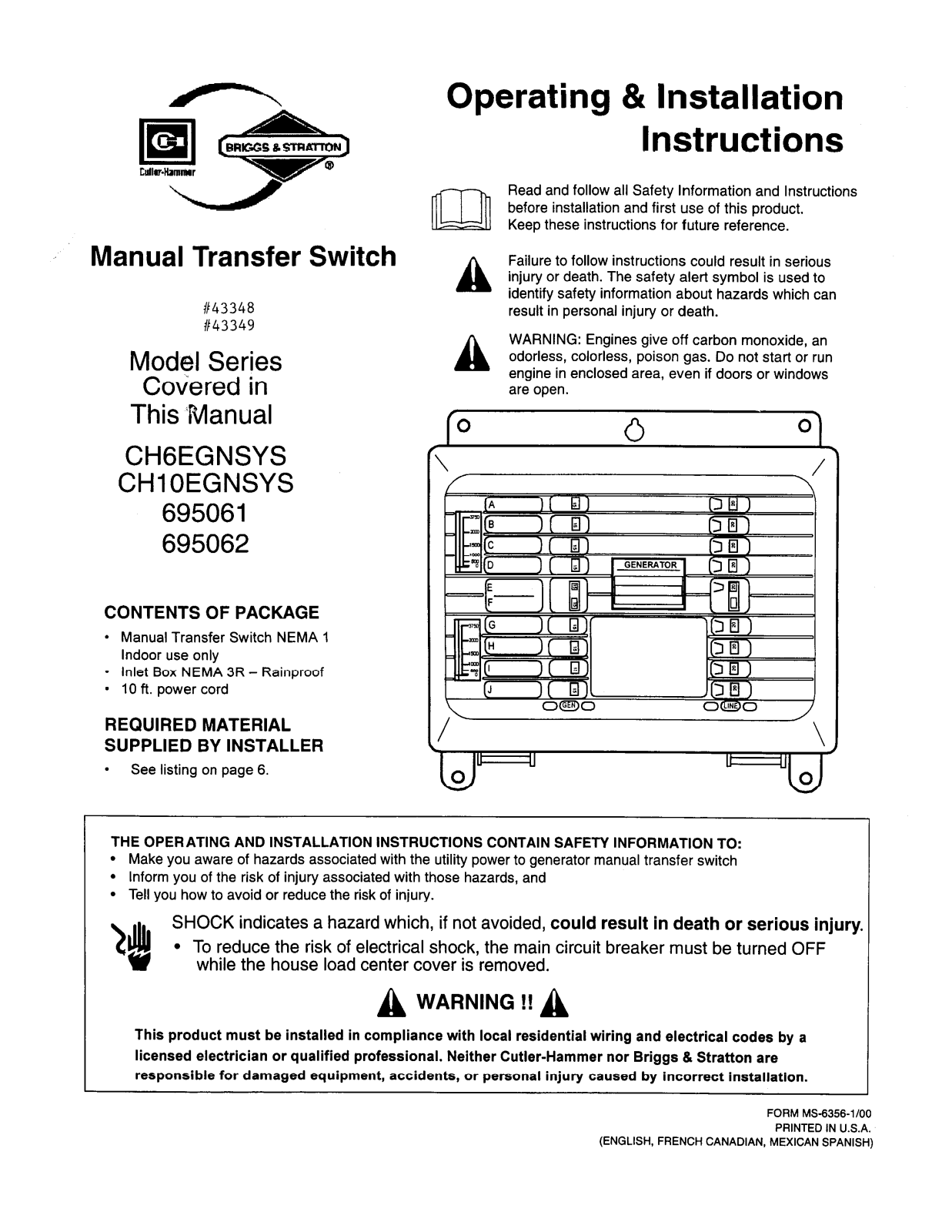 Briggs & Stratton 695062, CH6EGNSYS, CH10EGNSYS, 695061 User Manual