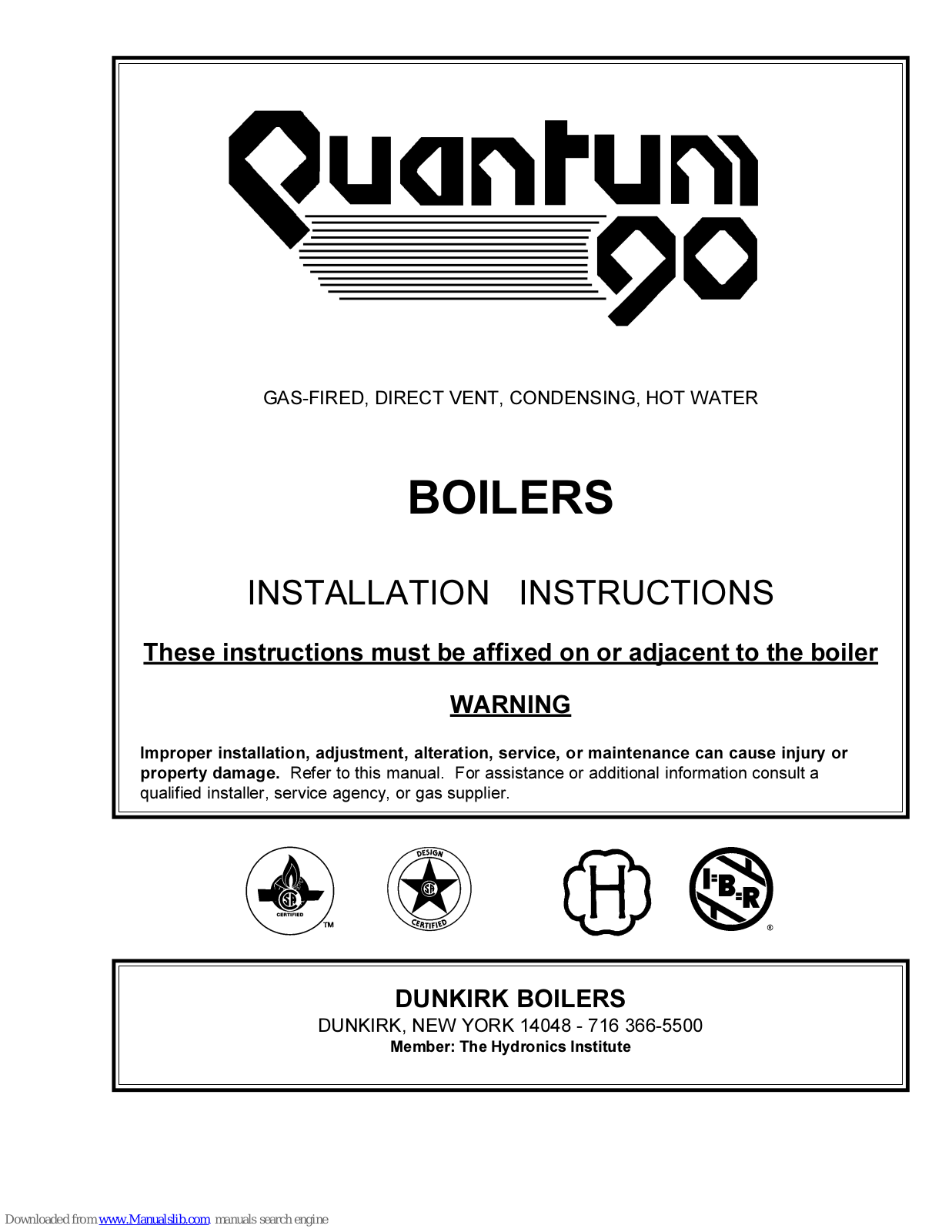 Dunkirk GAS-FIRED BOILERS, Quantum 90 Installation Instructions Manual