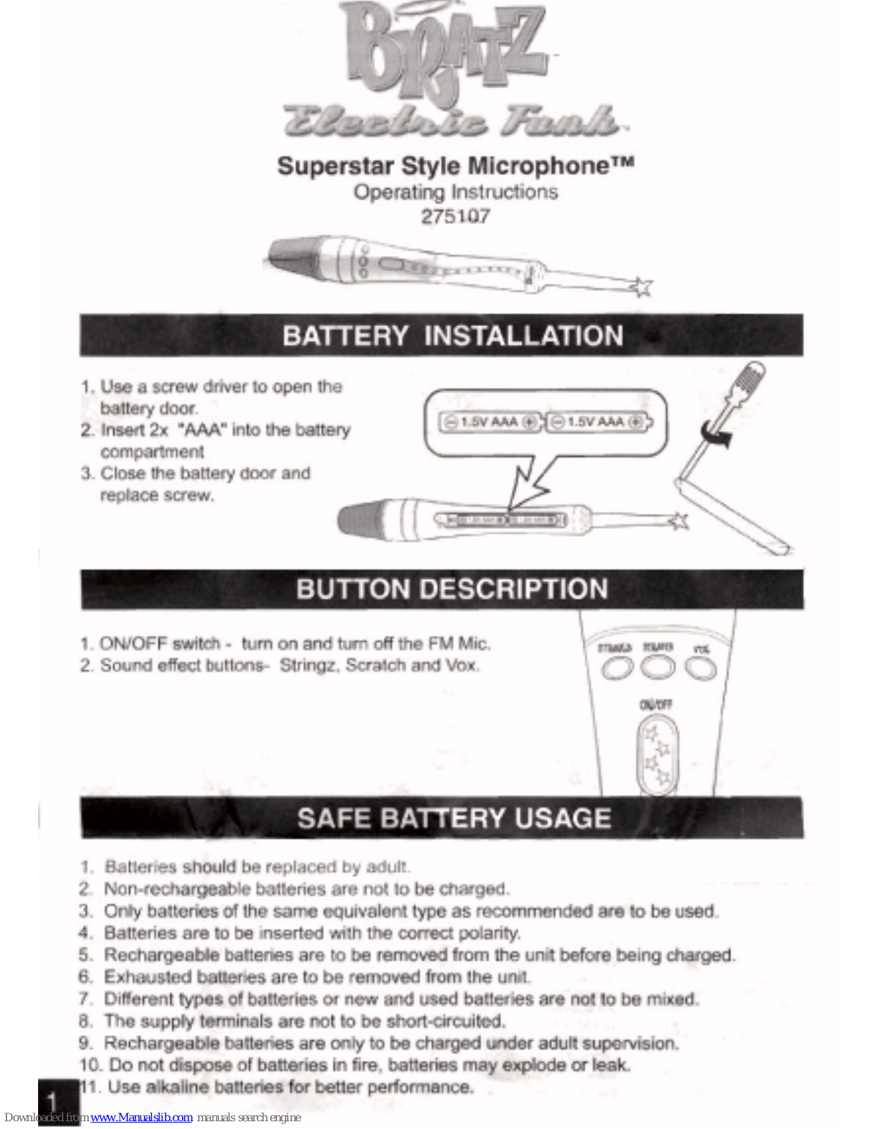 MGA Entertainment 275107, Superstar Style Microphone Operating Instructions Manual