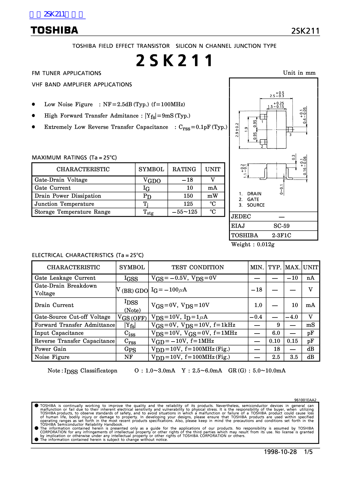 TOSHIBA 2SK211 Technical data