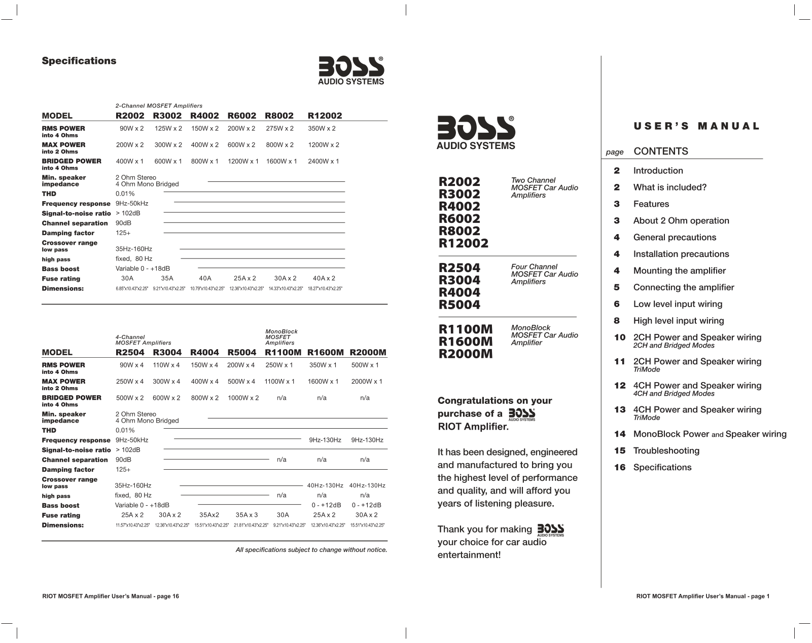 Boss Audio RIOT R1100M, RIOT R12002, RIOT R1600M, RIOT R2000M, RIOT R2002 User Manual