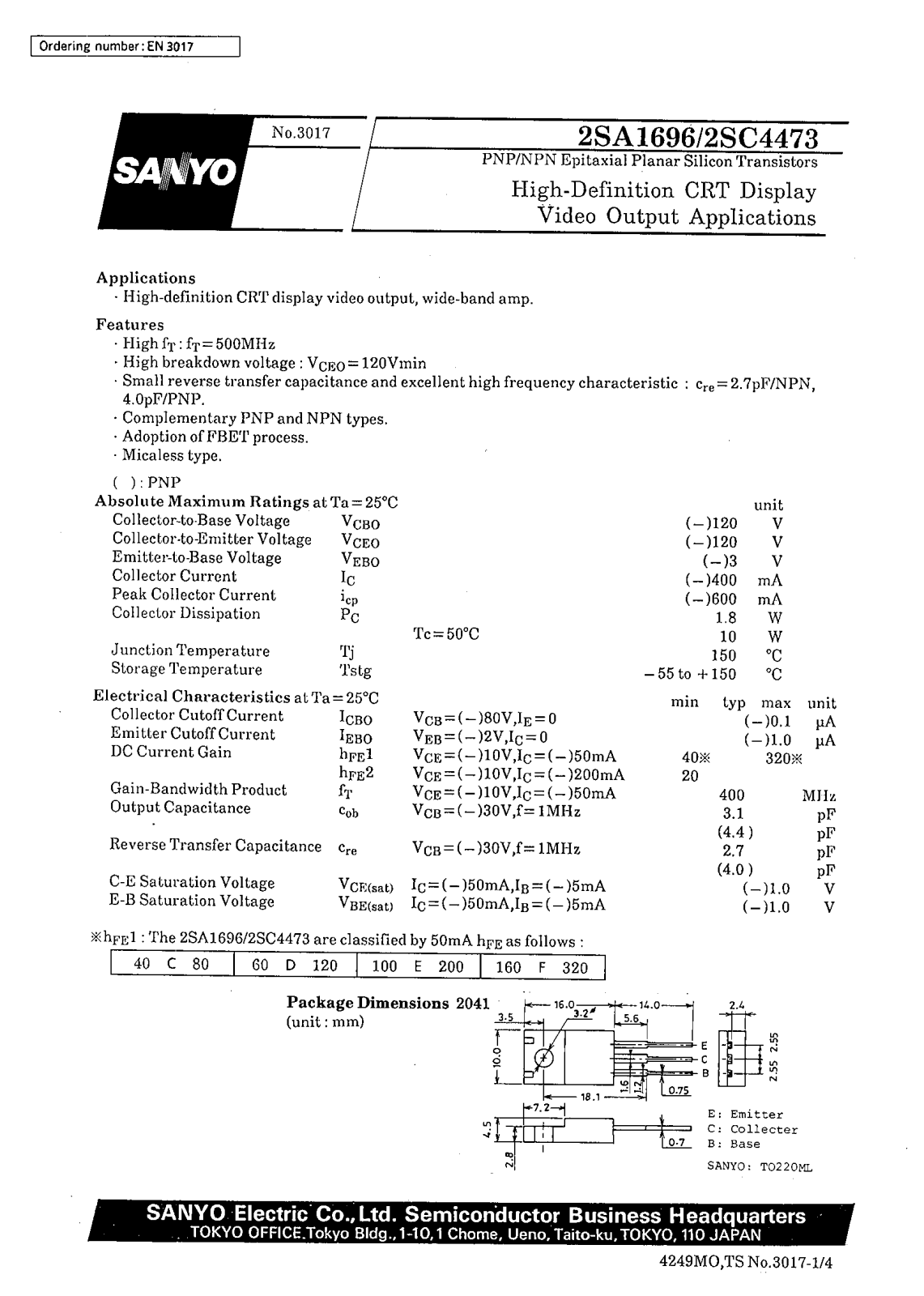 SANYO 2SC4473, 2SA1696 Datasheet