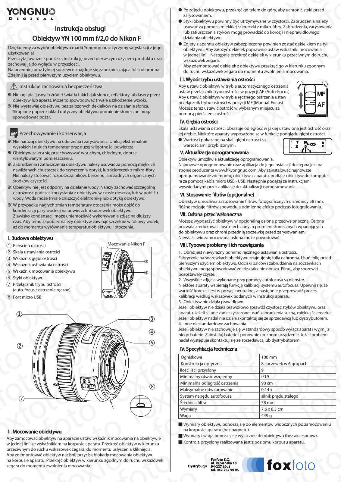 YONGNUO YN 100mm f/2.0 do Nikon F User guide