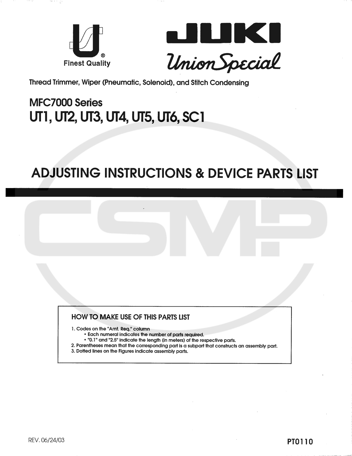 Union Special PT0110 Parts Book