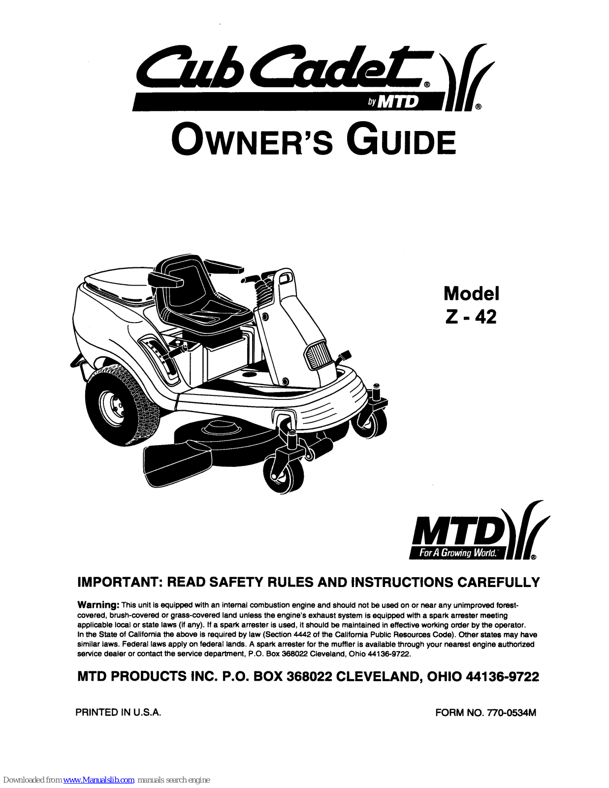 MTD Cub Cadet Z-42 Owner's Manual