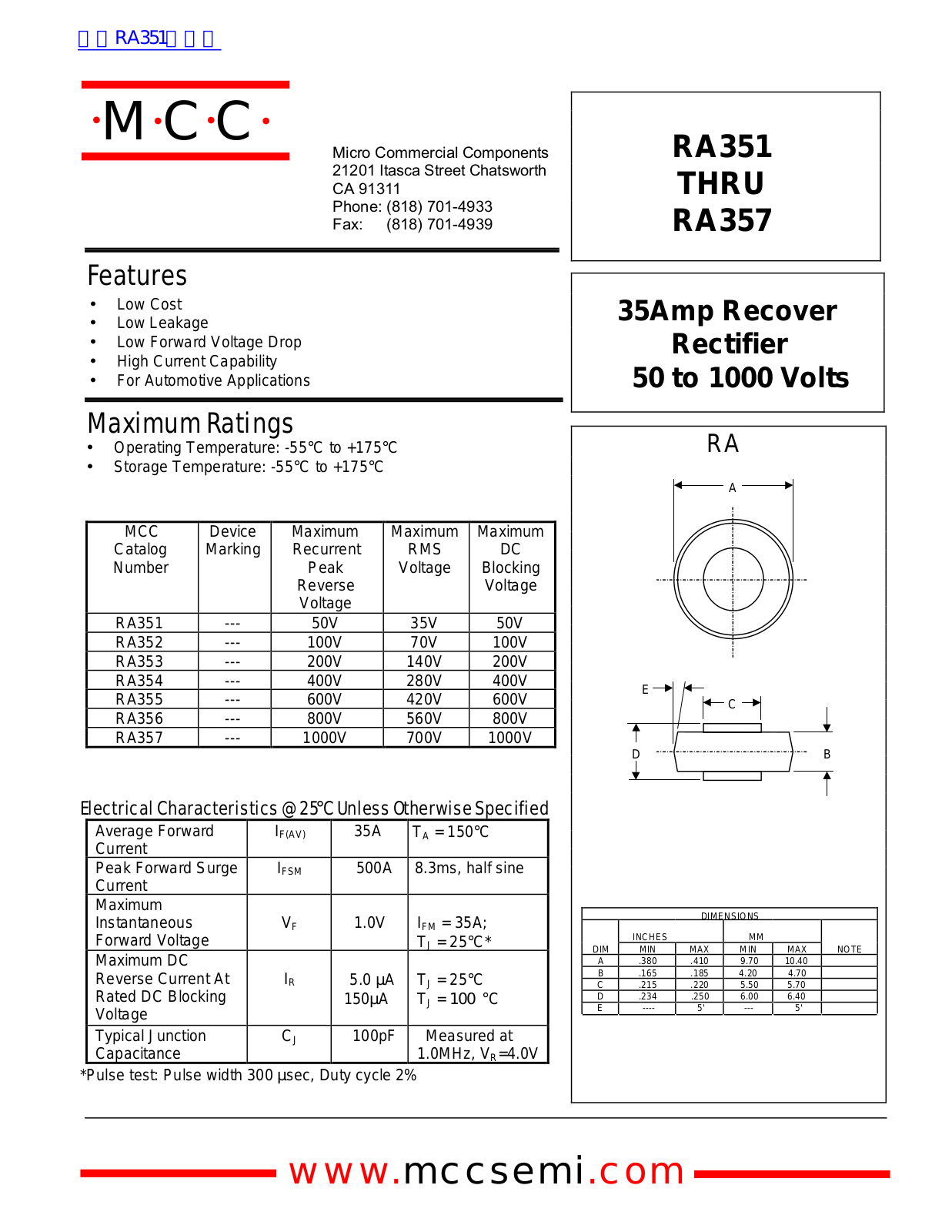 Micro Commercial Components RA351, RA357 Technical data