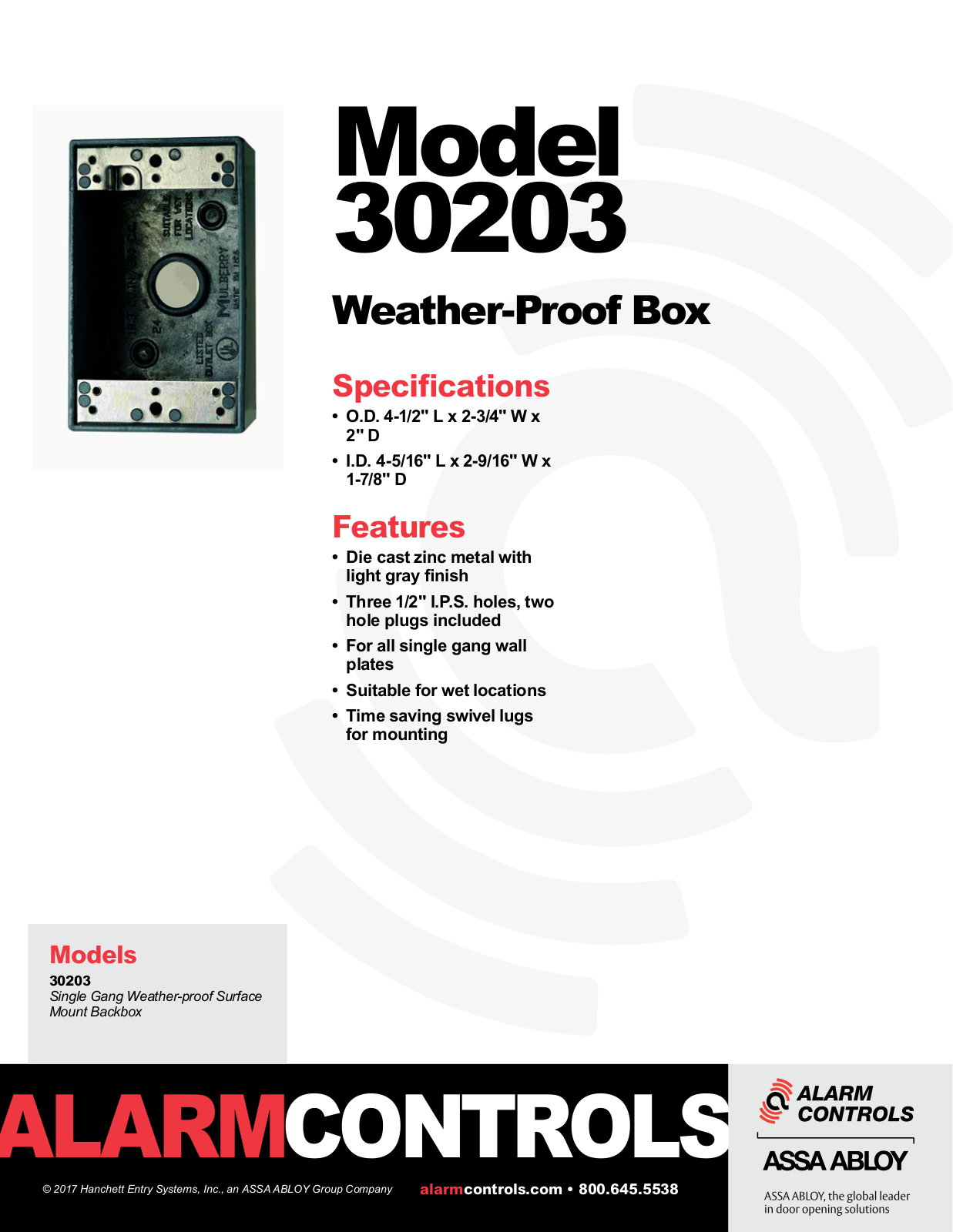 Alarm Controls 30203 Specsheet