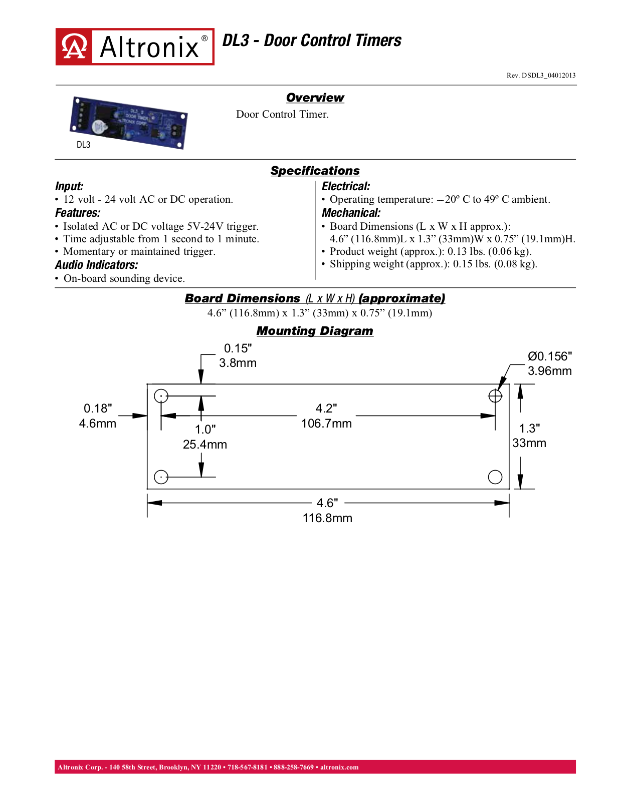 Altronix DL3 Data Sheet