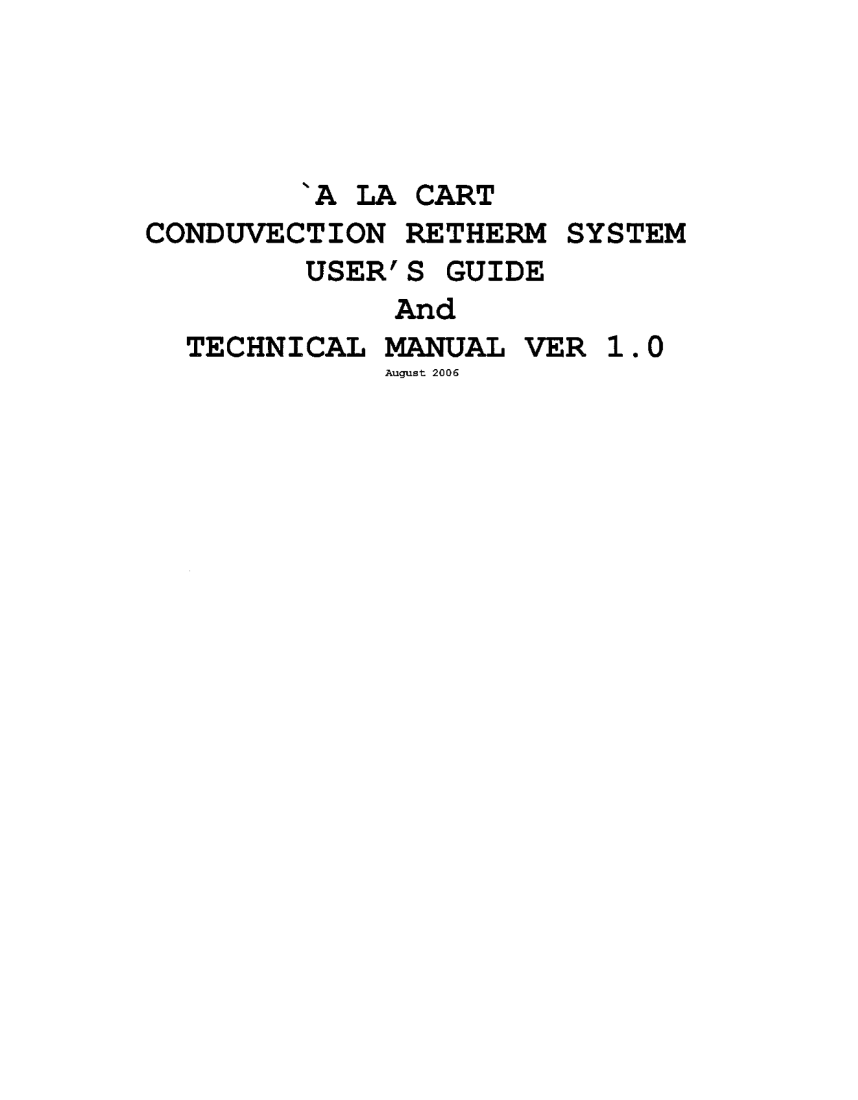 A la Cart Conduvection Retherm System Service Manual