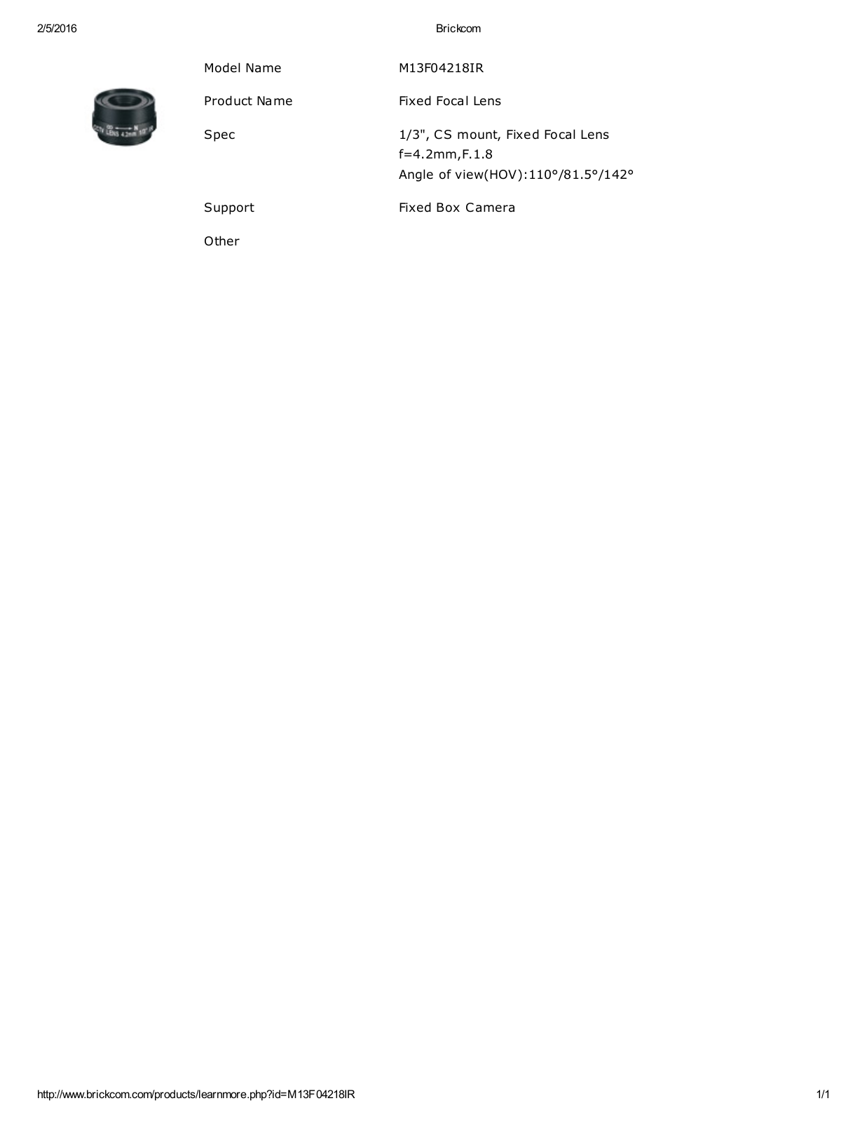 Brickcom M13F04218IR Specsheet - ManualMachine.com