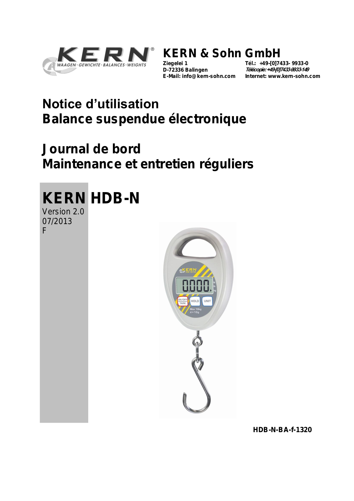 KERN Hanging balances HDB series electronic, 10 g, 10 kg, HDB 10K10N User guide
