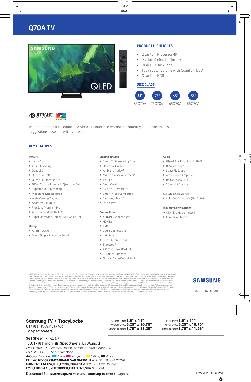 Samsung QN85Q70A, QN75Q70A, QN65Q70A, QN55Q70A Specification Sheet