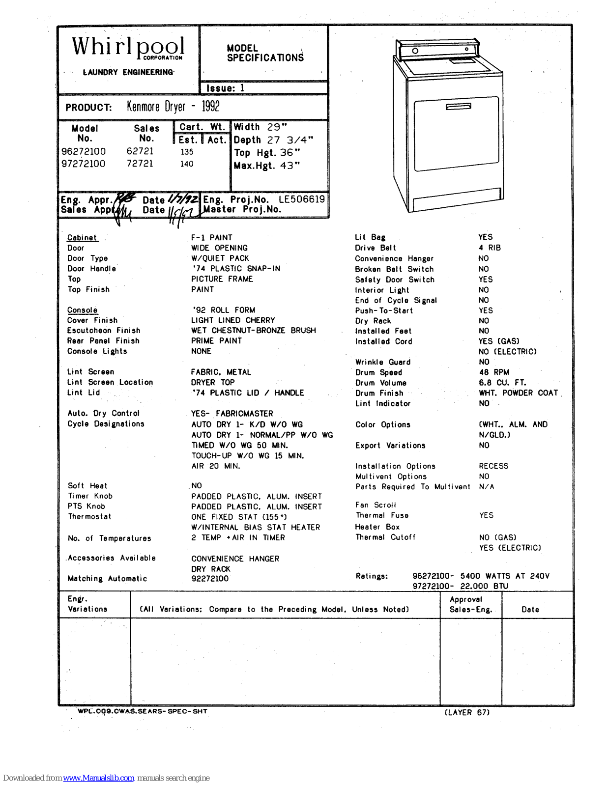 Kenmore 96272100, 97272100 Specifications - ManualMachine.com