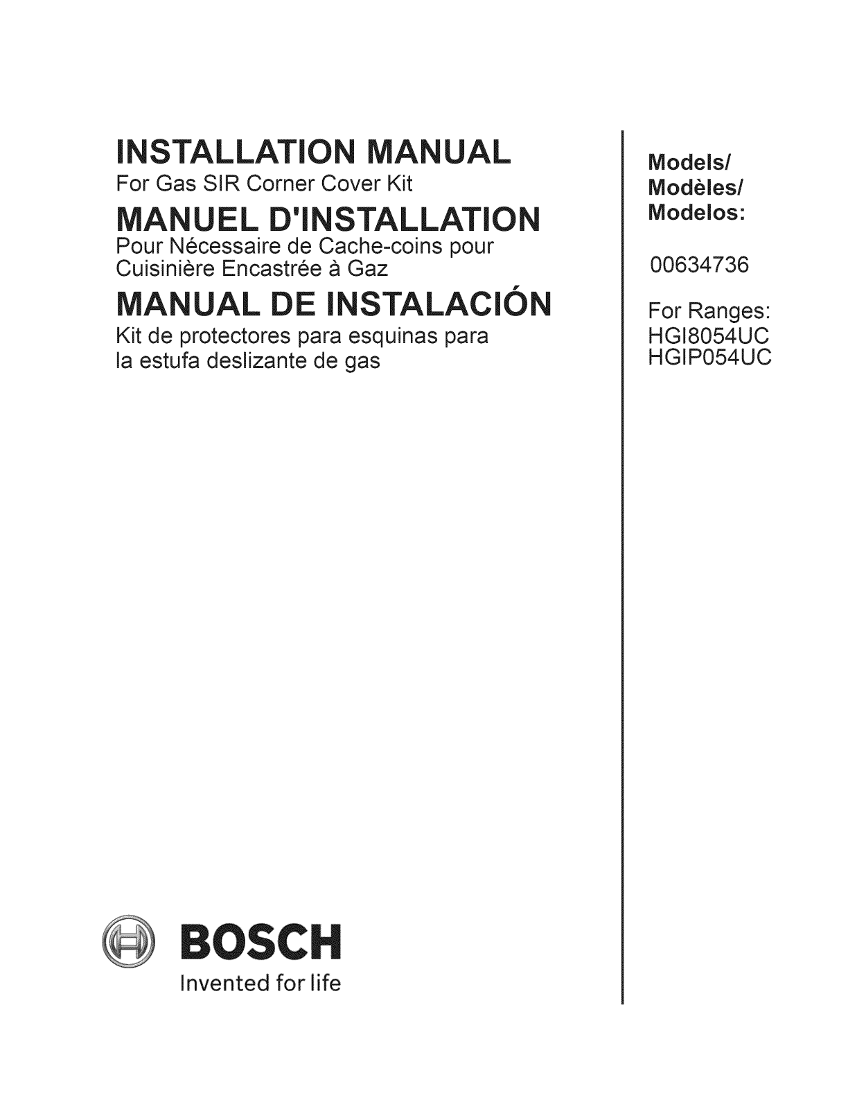 Bosch HGIP054UC/05, HGIP054UC/04, HGIP054UC/03, HGIP054UC/02, HGIP054UC/01 Installation Guide