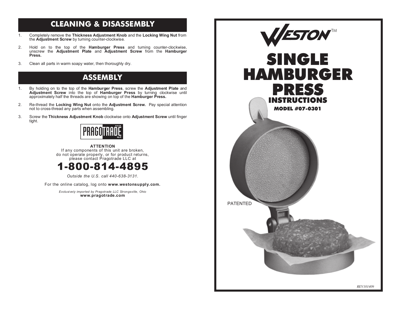 Weston Non-Stick Single Hamburger Press User Manual