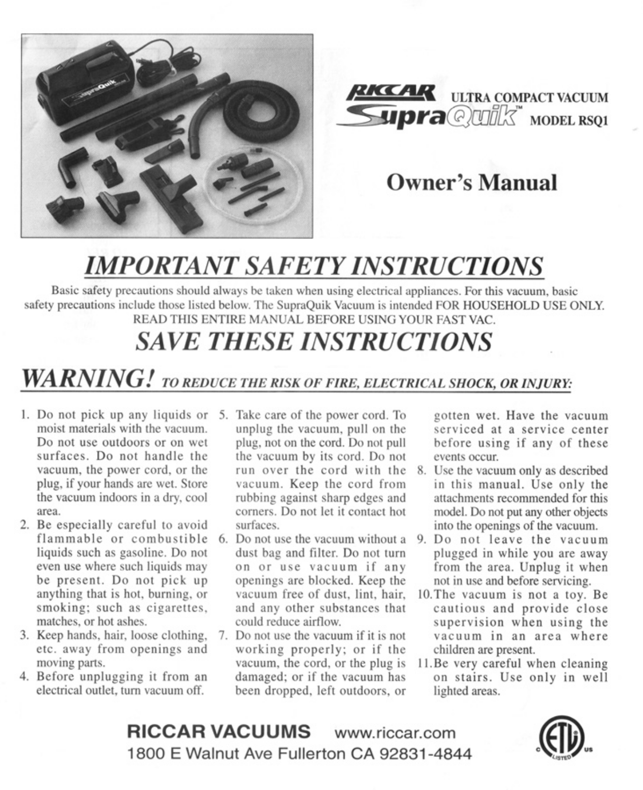 Riccar RSQ1 User Manual