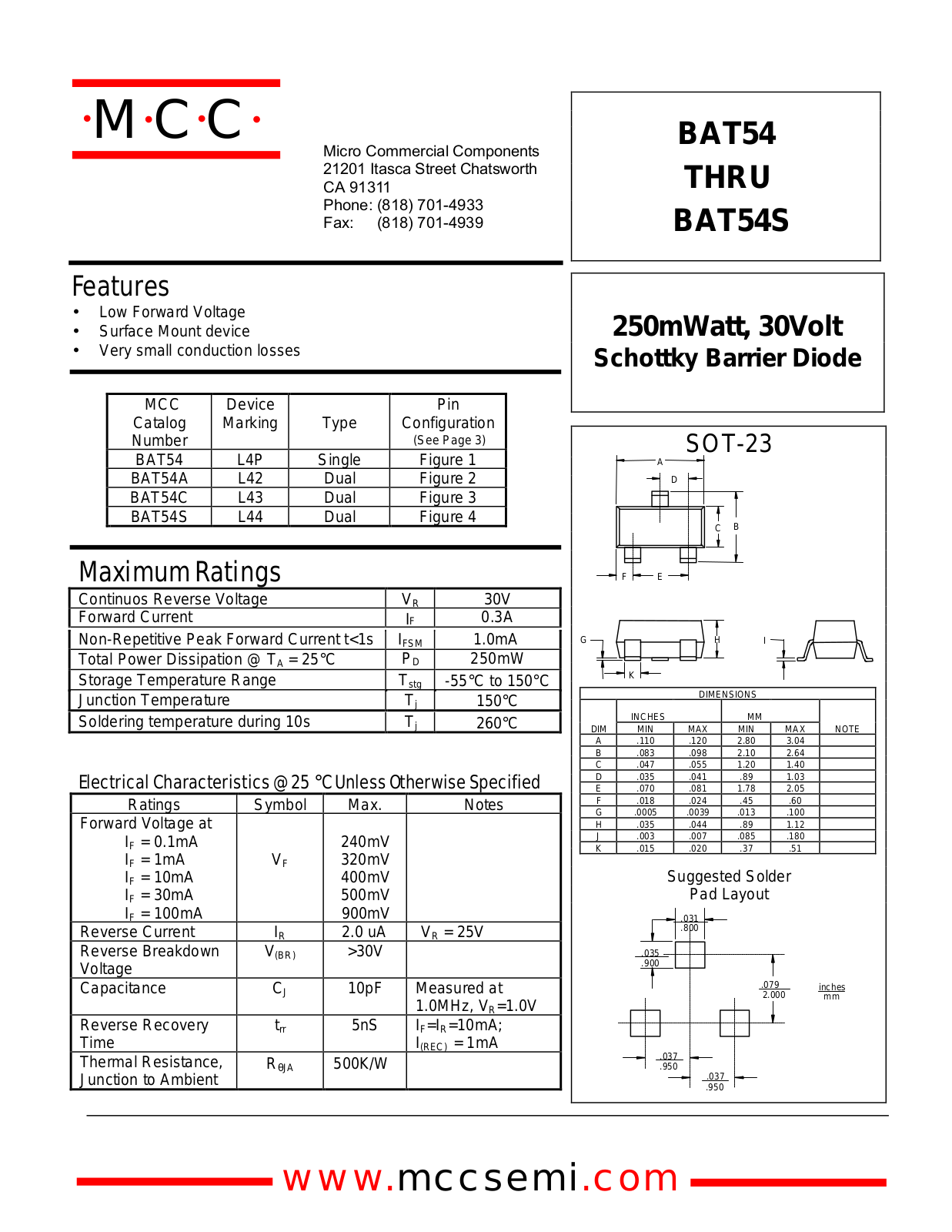 MCC BAT54S, BAT54C, BAT54A, BAT54 Datasheet