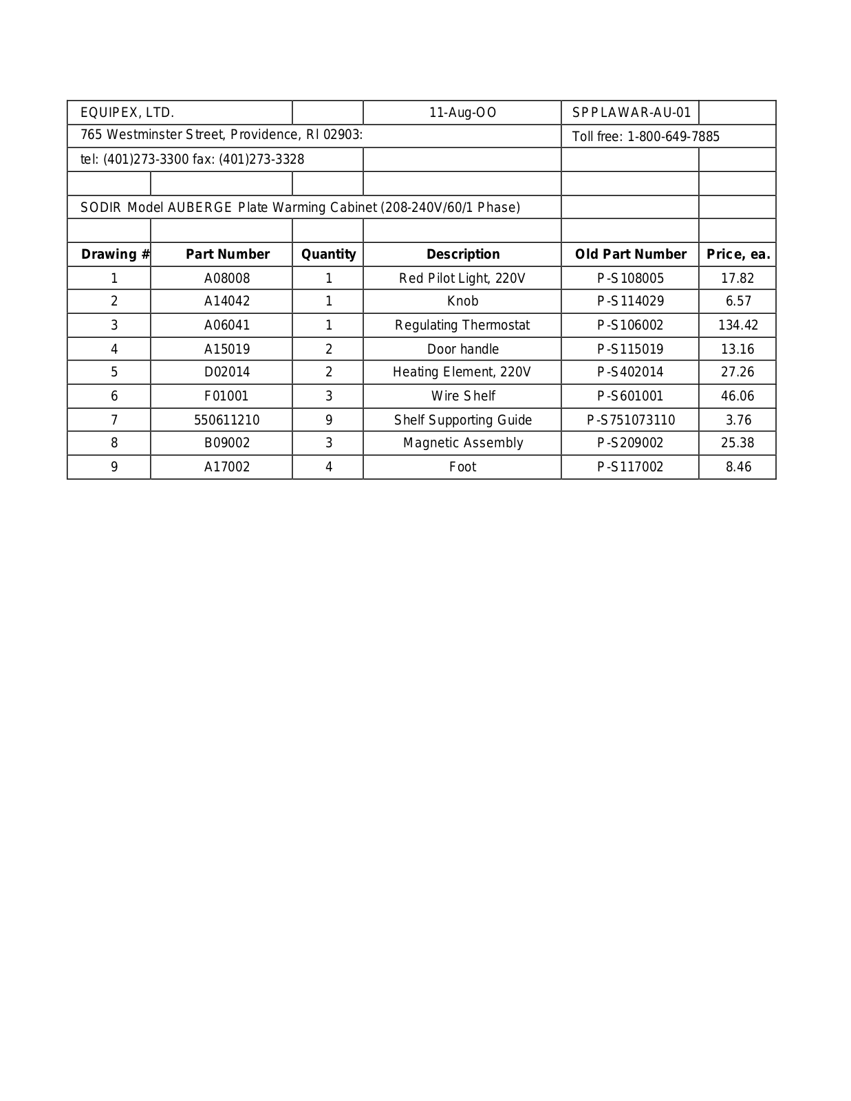 Equipex Auberge Parts List