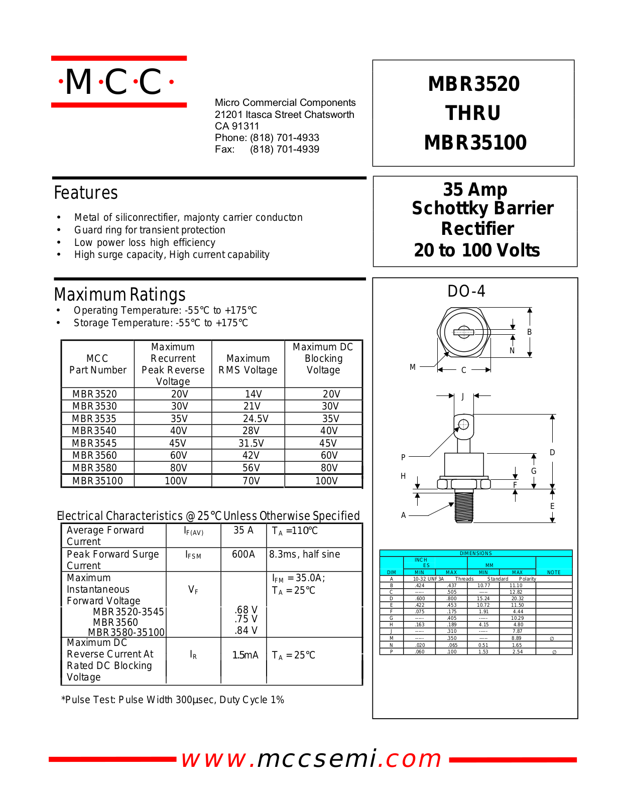 MCC MBR3545, MBR3560, MBR3580, MBR3540, MBR35100 Datasheet