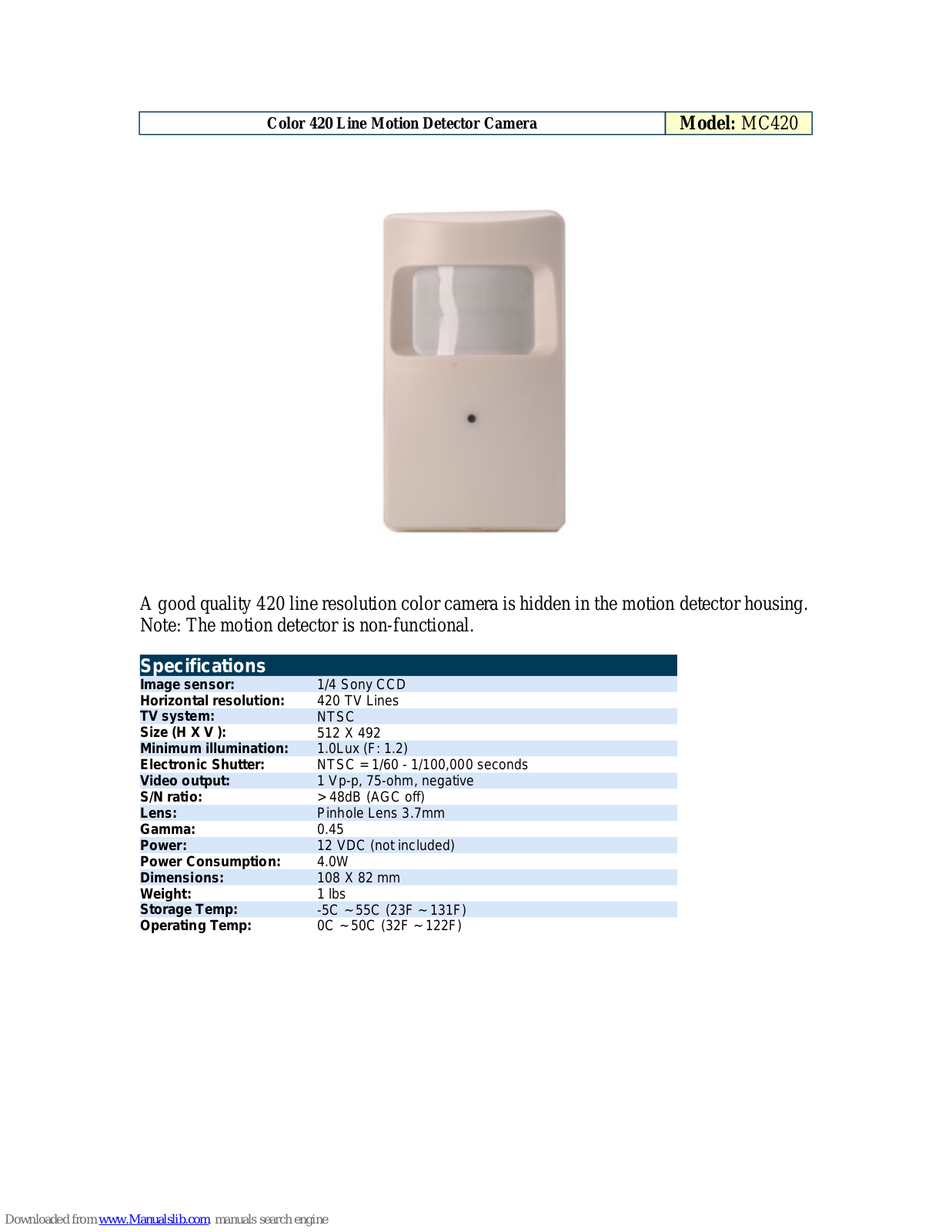 Optiview Motion Detector Camera MC420 Specification Sheet