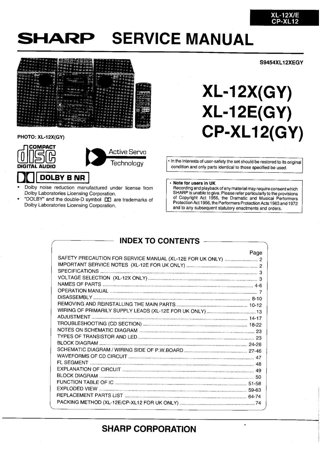 Sharp XL-12-E, XL-12-X, CPXL-12 Service manual