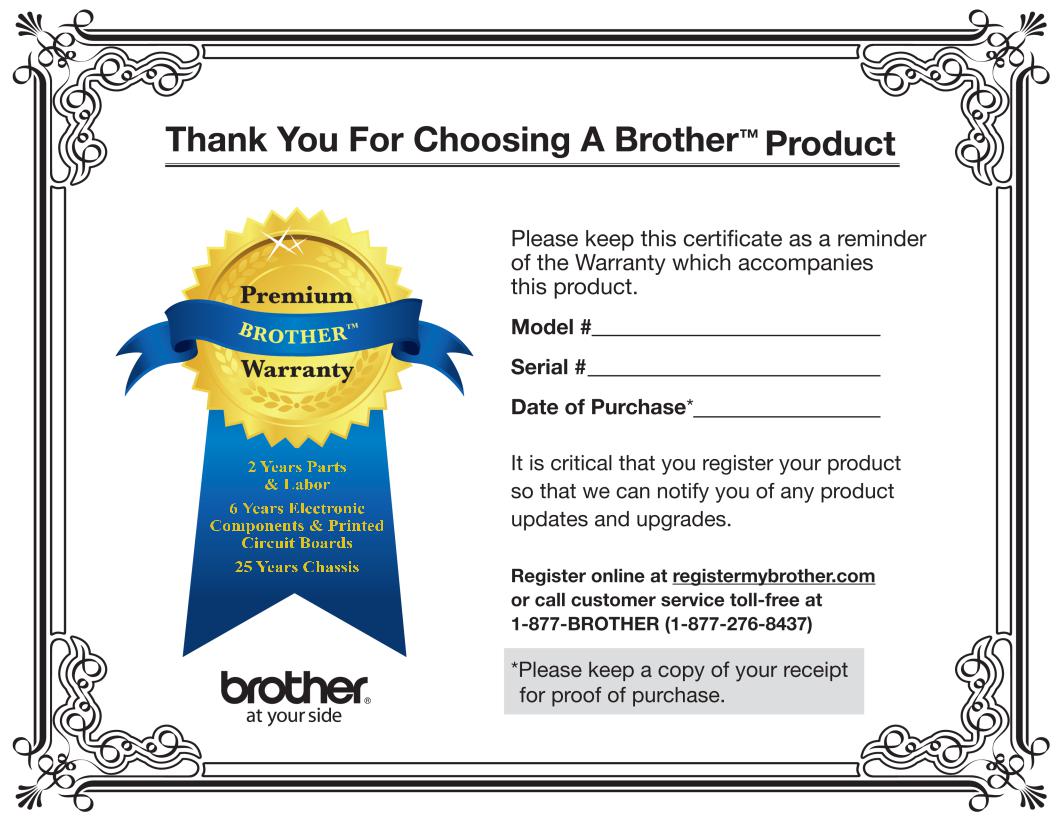 Brother VQ2400, VM5100, PR650, PR655, PR1000 Warranty Certificate and Statement