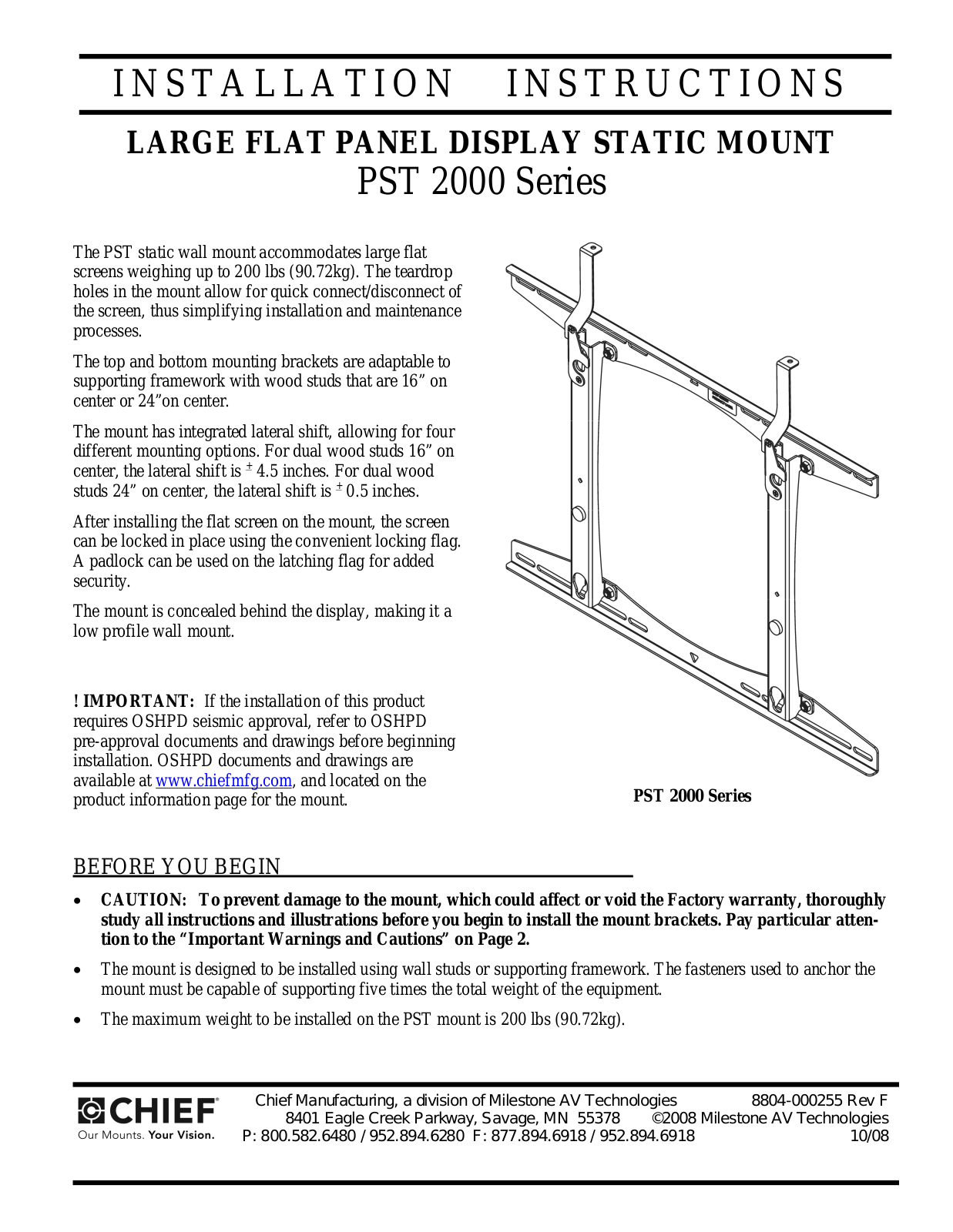 Chief Manufacturing PST 2000 User Manual