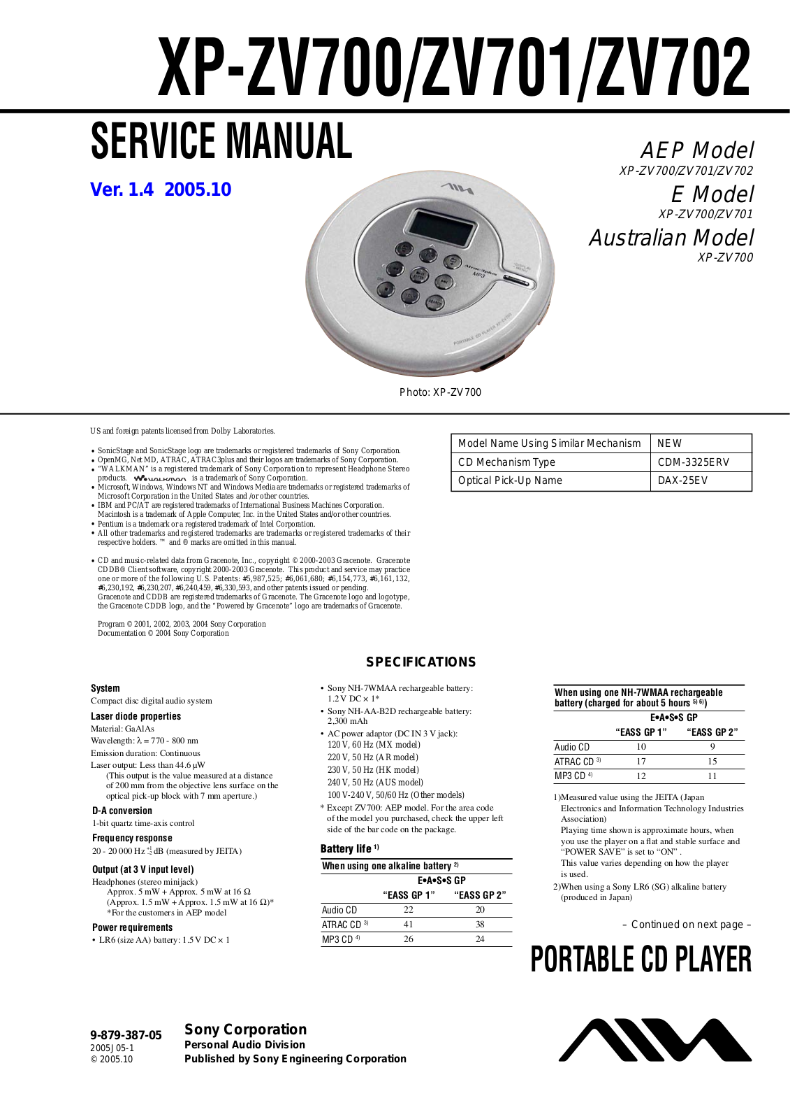 Aiwa XPZV-700, XPZV-701, XPZV-702 Service manual