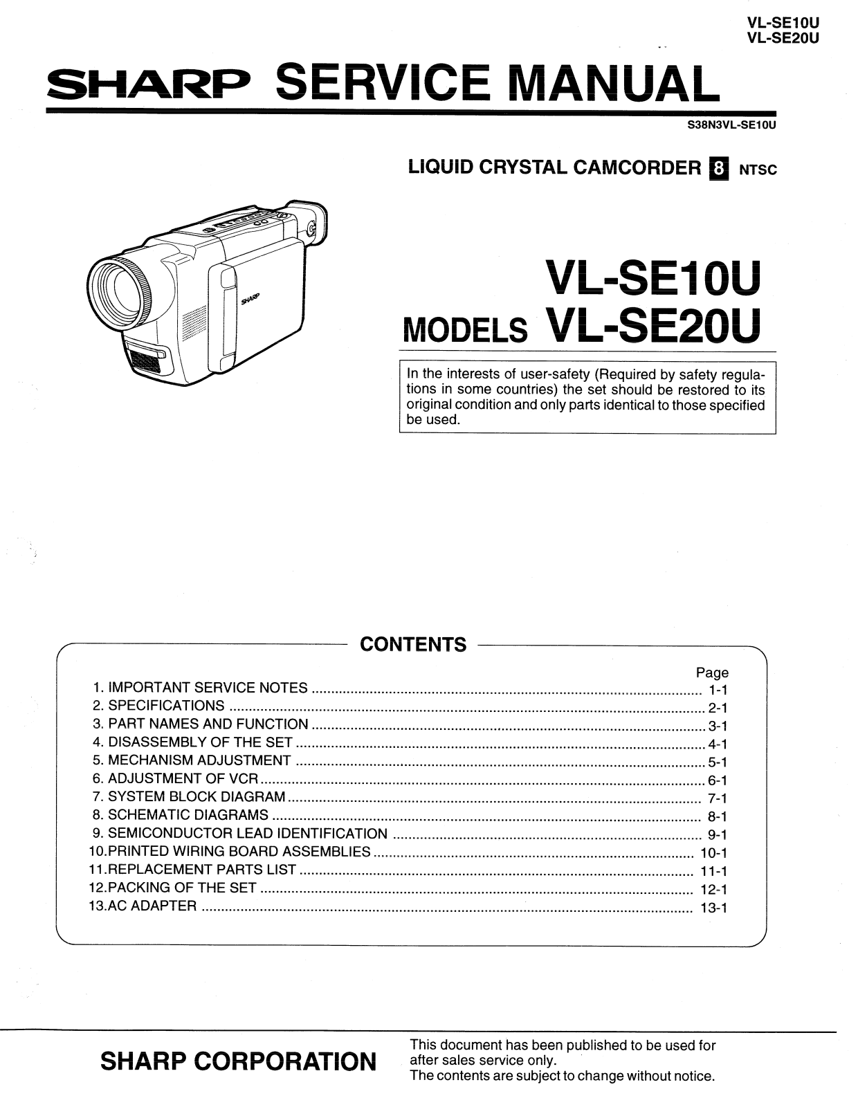 SHARP VL-SE10U, VL-SE20U Service Manual