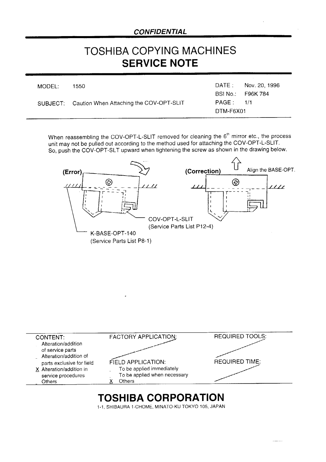 Toshiba f96k784 Service Note