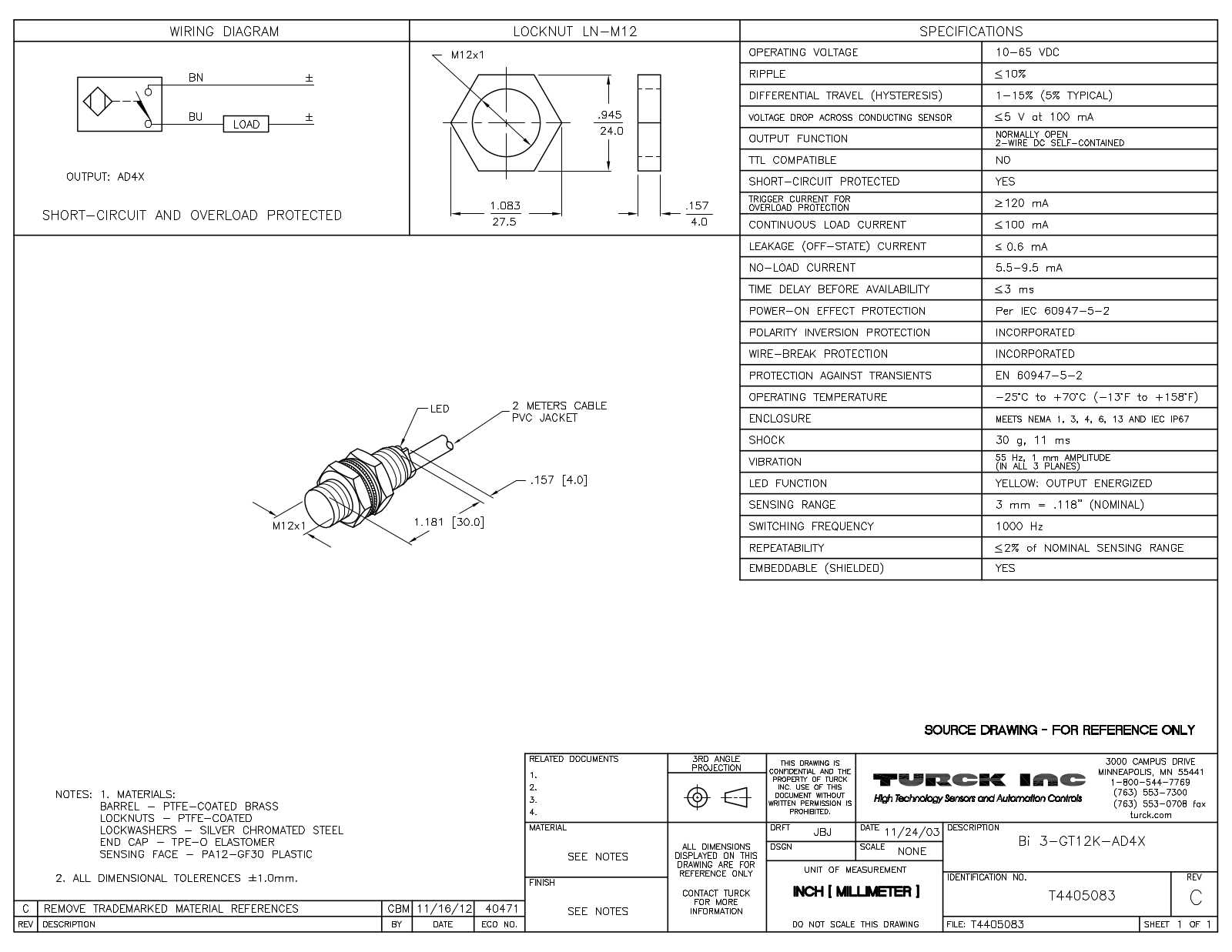 Turck BI3-GT12K-AD4X Data Sheet