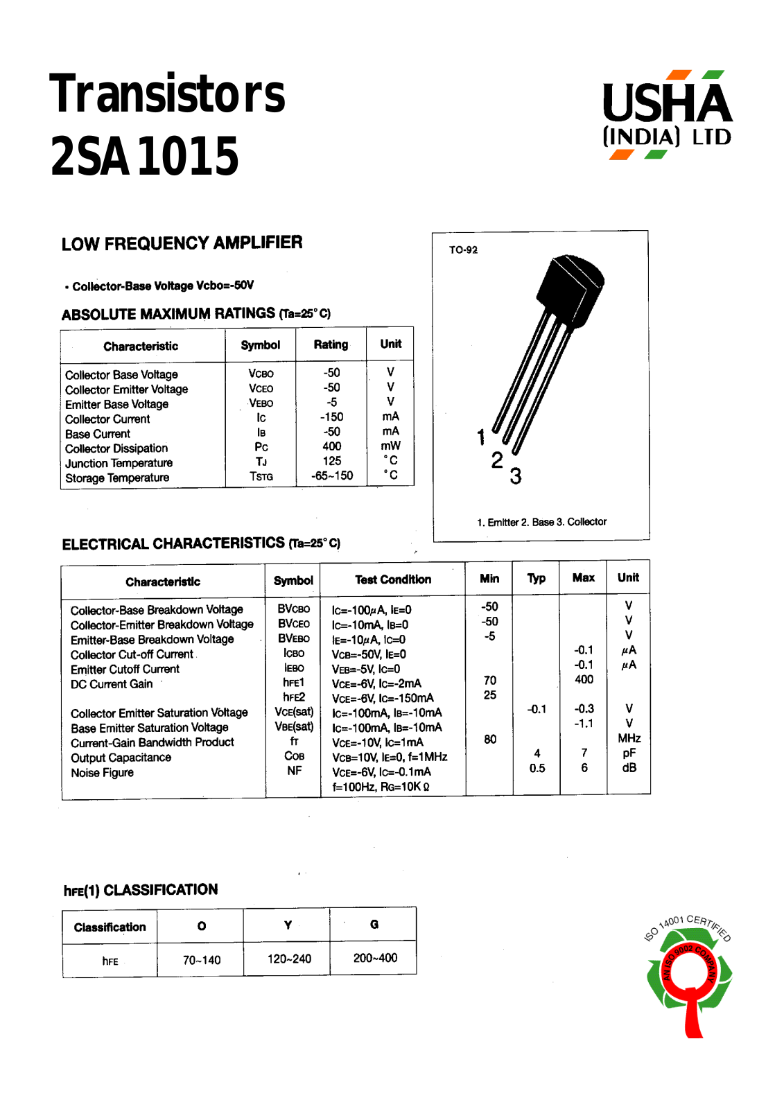 USHA 2SA1015 Datasheet