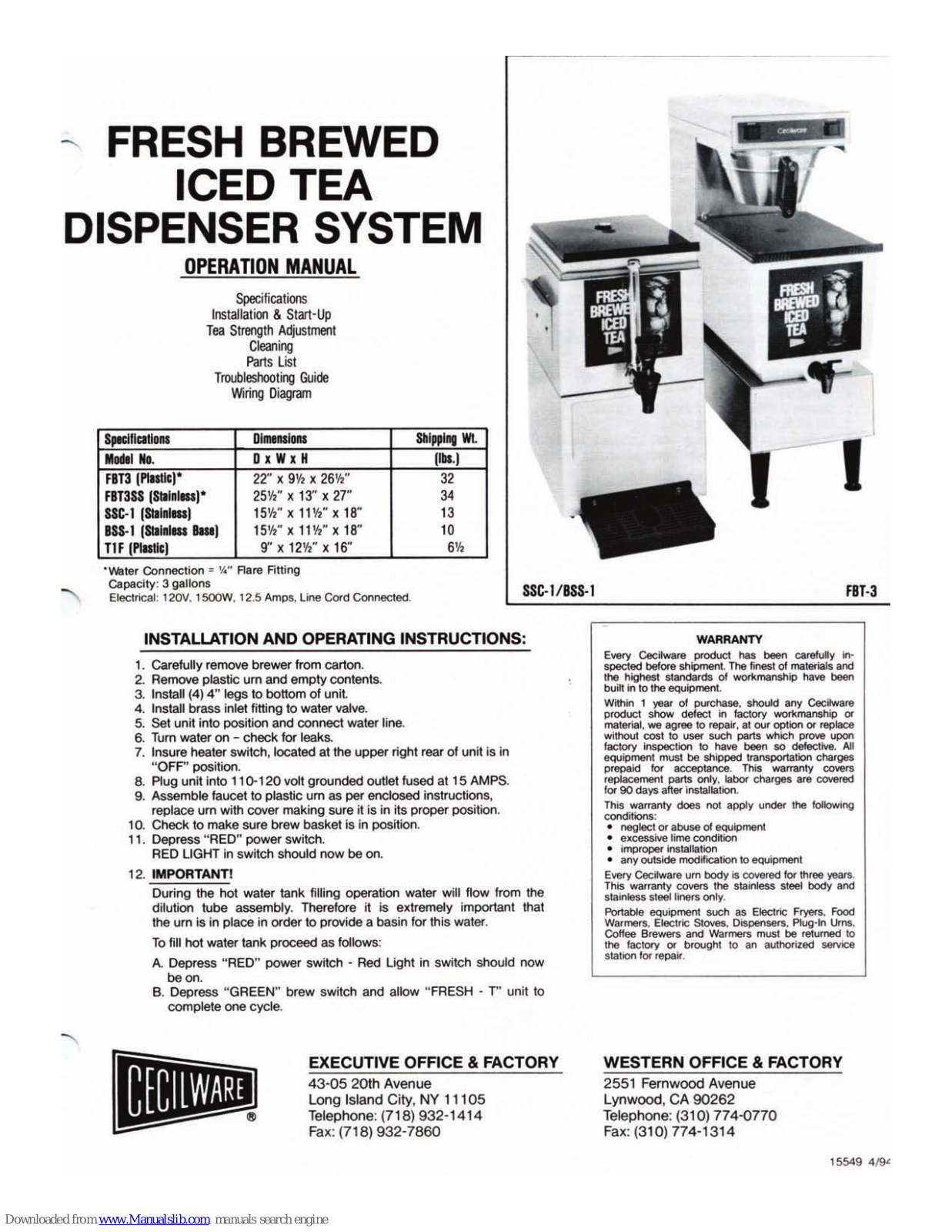 Cecilware FBT3, FBT3SS, SSC-1, T1F Operation Manual