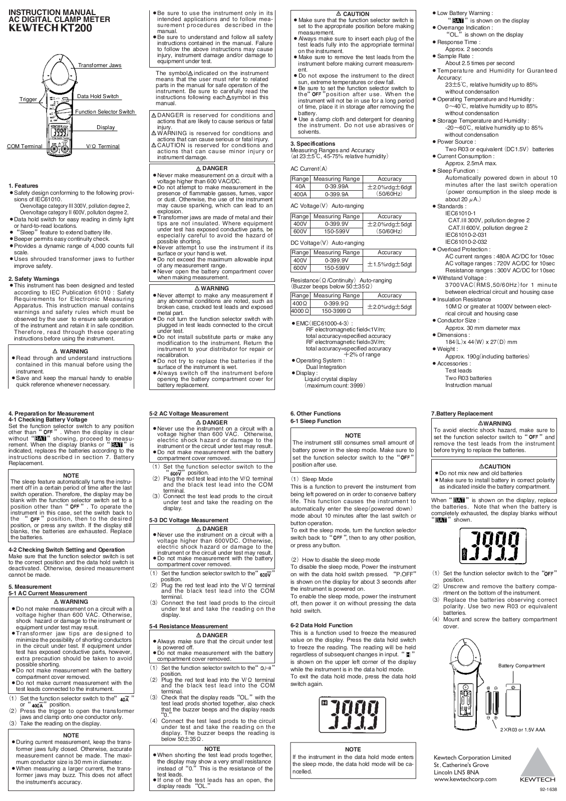 Kewtech KT200 User Manual