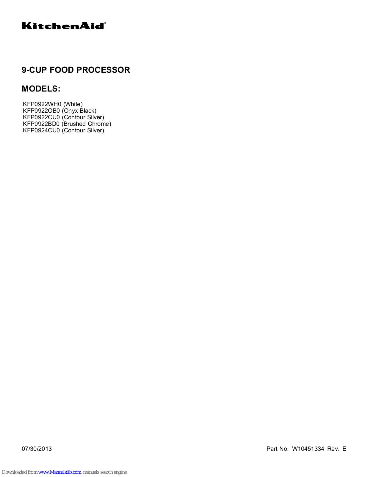 KitchenAid KFP0922WH0, KFP0922OB0, KFP0922CU0, KFP0922BD0, KFP0924CU0 Owner's Manual