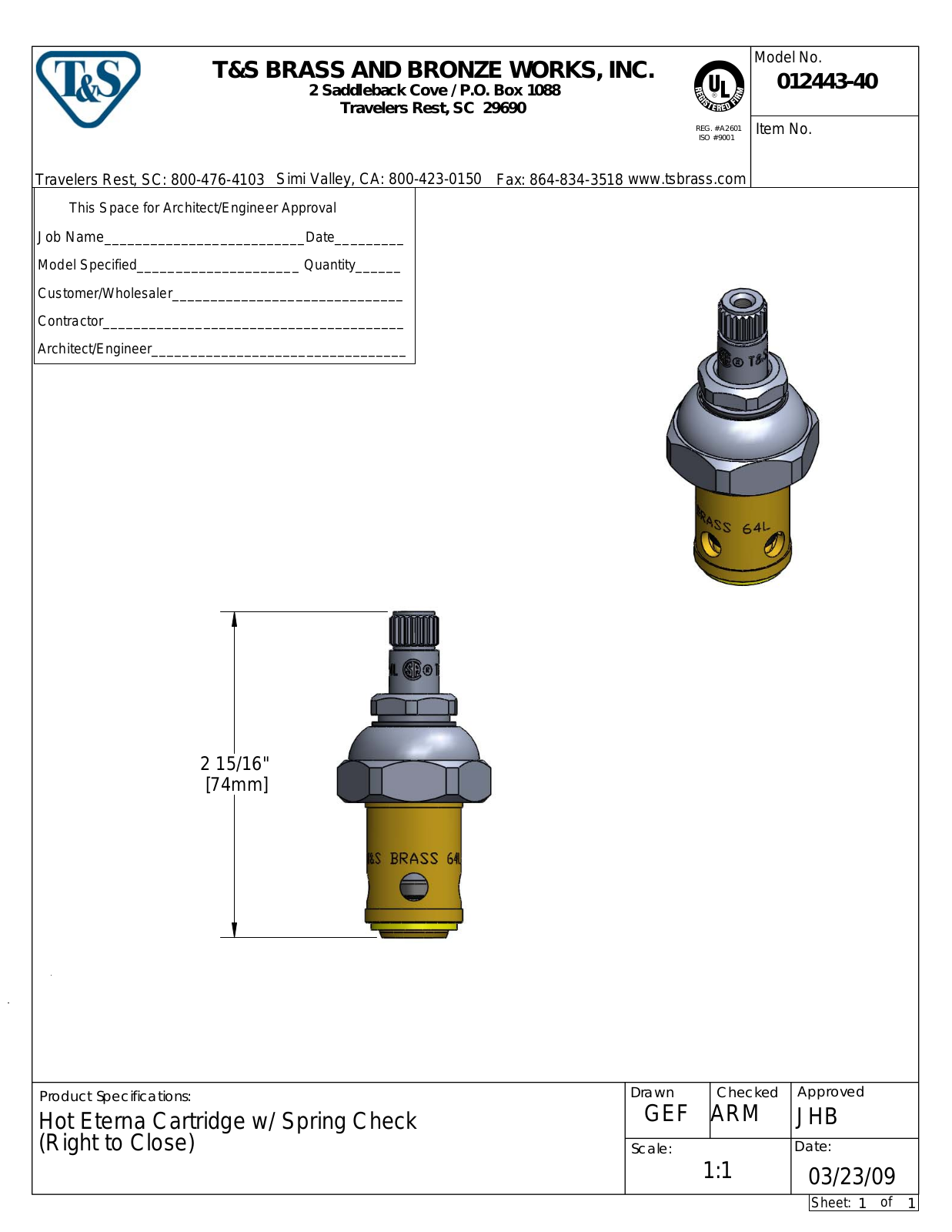 T&S Brass 012443-40 User Manual