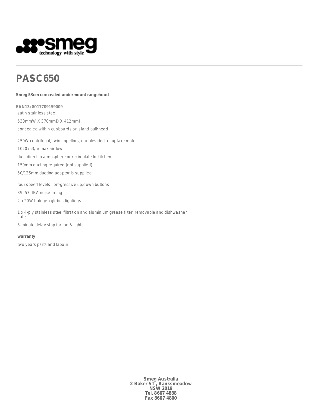 Smeg PASC650 Specifications Sheet