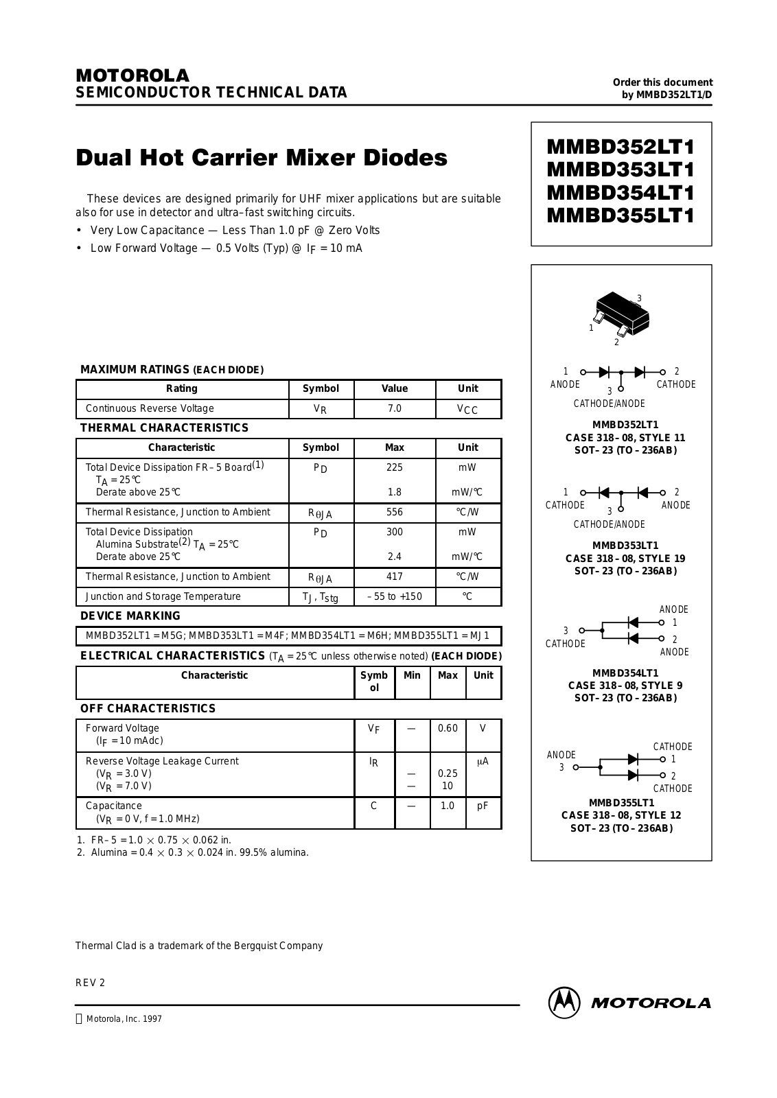 MOTOROLA MMBD353LT1, MMBD355LT1, MMBD353LT3, MMBD352LT1, MMBD354LT1 Datasheet