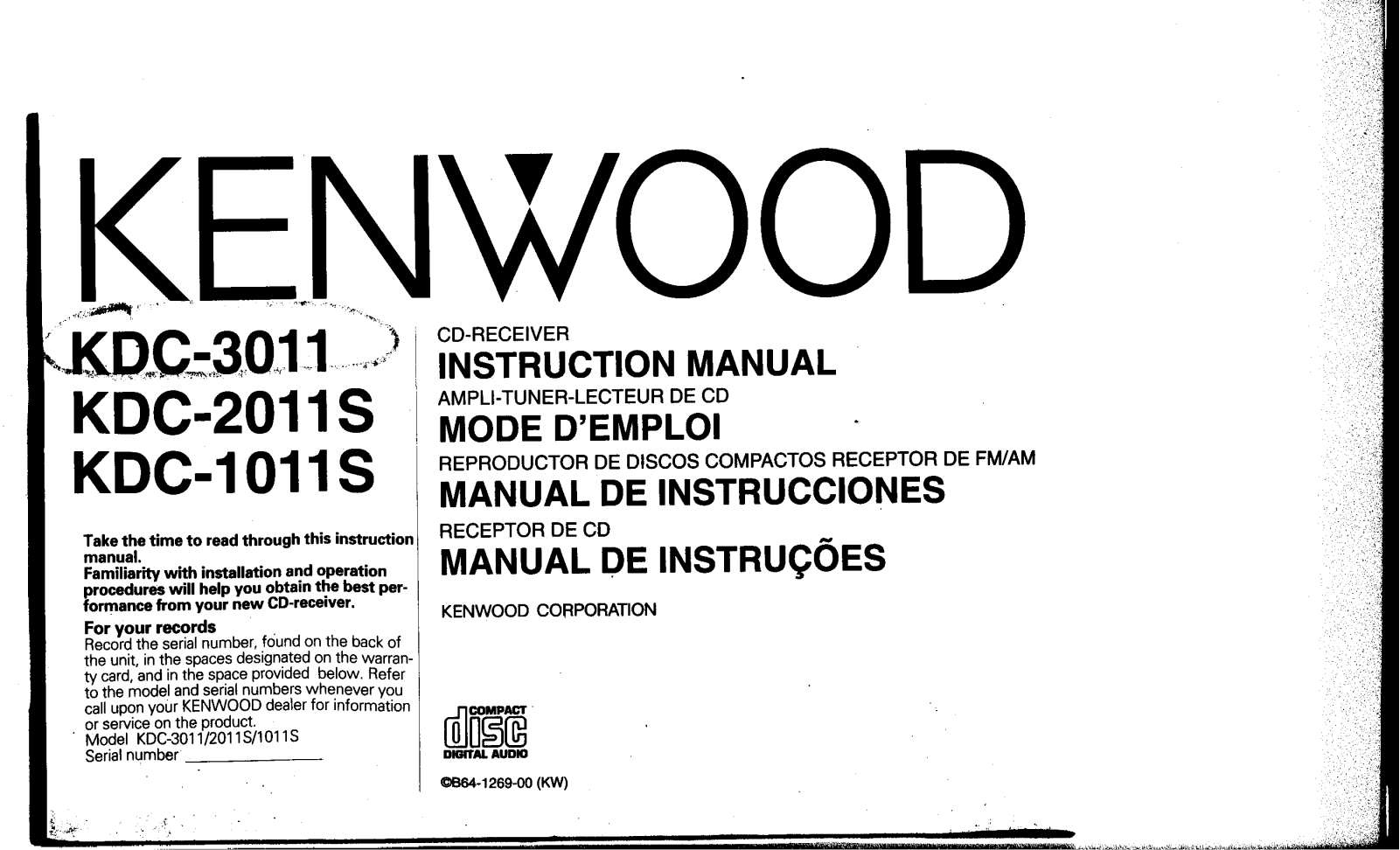 Kenwood KDC-1011S, KDC-2011S, KDC-3011 Owner's Manual