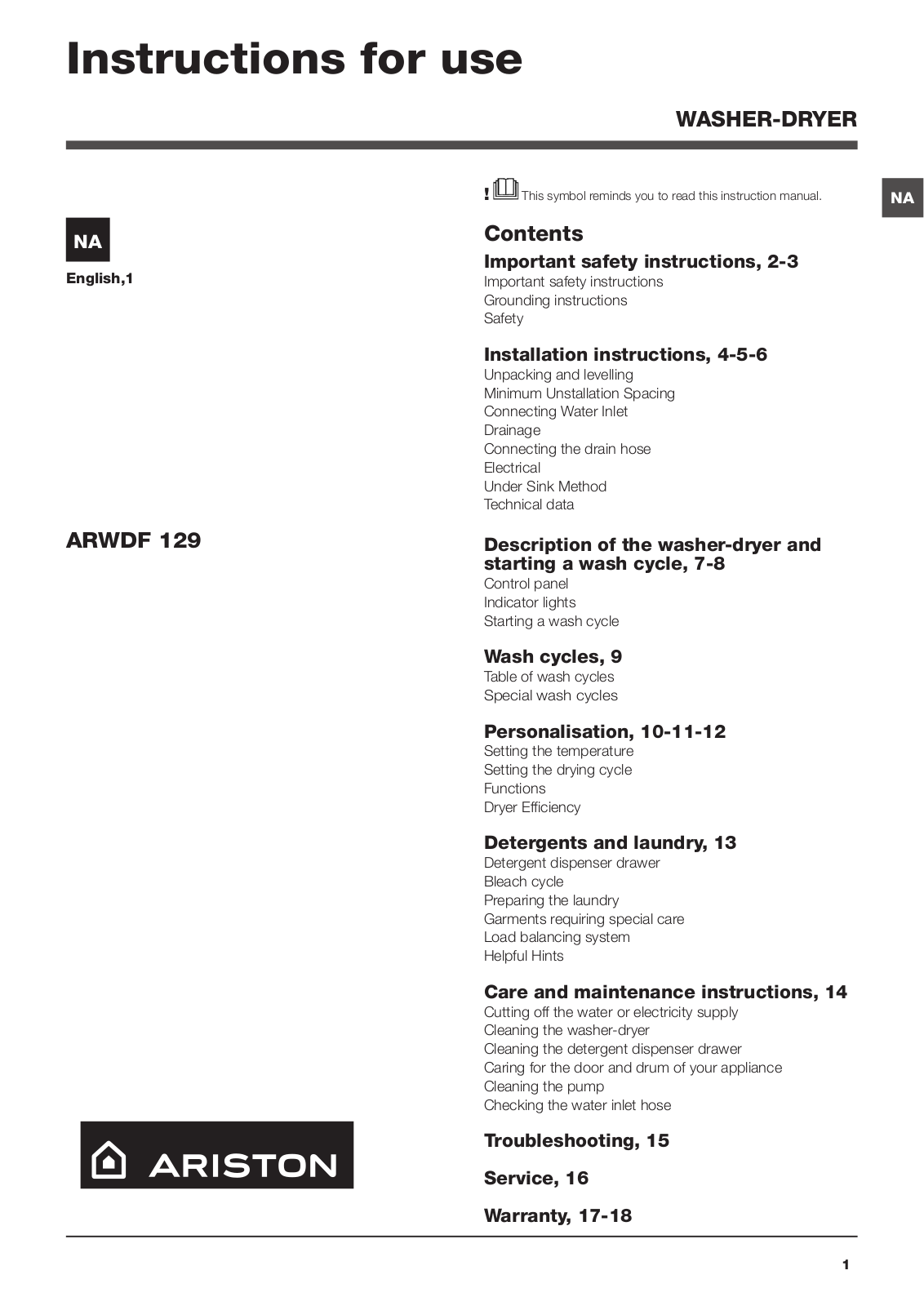 Hotpoint ARWDF 129 S, ARWDF 129 User Manual